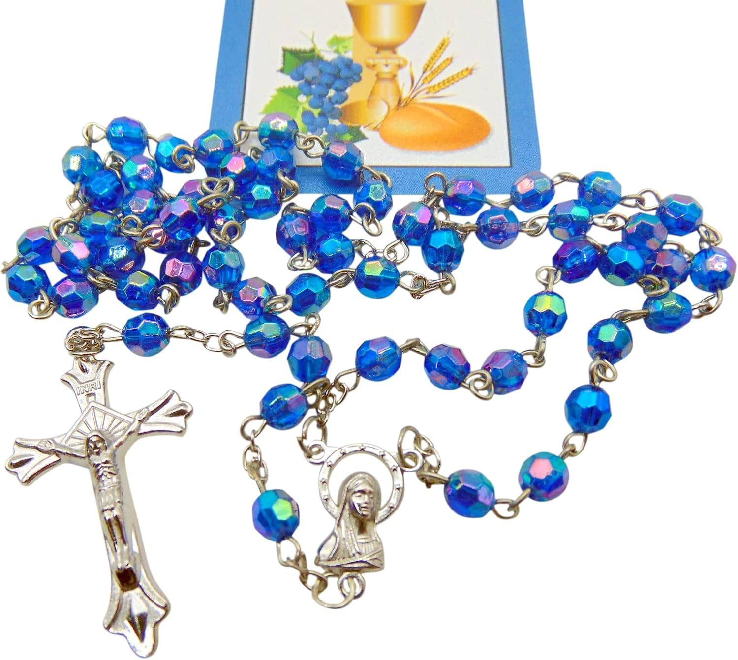 Westmon Works First Communion Rosary Set Blue Glass Beads in a Protective Case with Matching Holy Prayer Card, Metal, No Gemstone image number 1