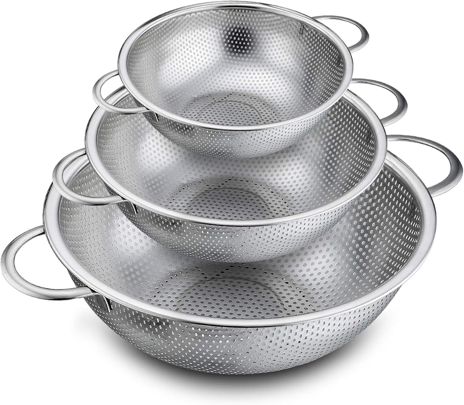 CIVPOWER Colander Set of 3, Stainless Steel Micro-Perforated Colanders Strainers for Draining Rinsing Washing, Ideal for Pasta Vegetables Fruits, Heavy Duty & Dishwasher Safe - 1/3/5 Quart image number 2