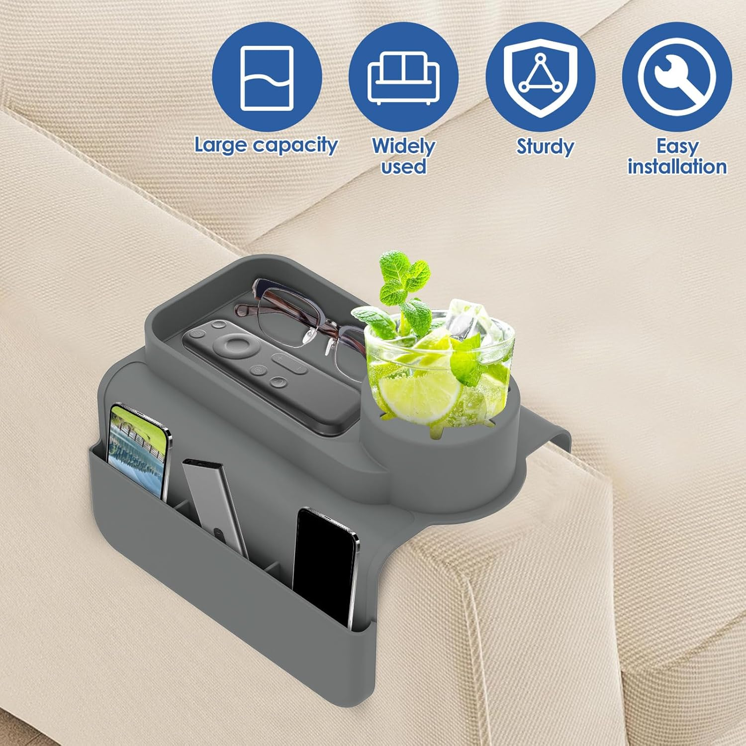 Fwqofvk Silicone Sofa Couch Cup Holder with Side Pocket, Easy to Install Silicone Armchair Cup Holder, Versatile Sturdy Sofa Armrest Tray, Couch Drink Holder for Living Room 48X29.5X11Cm (Grey) - White image number 4