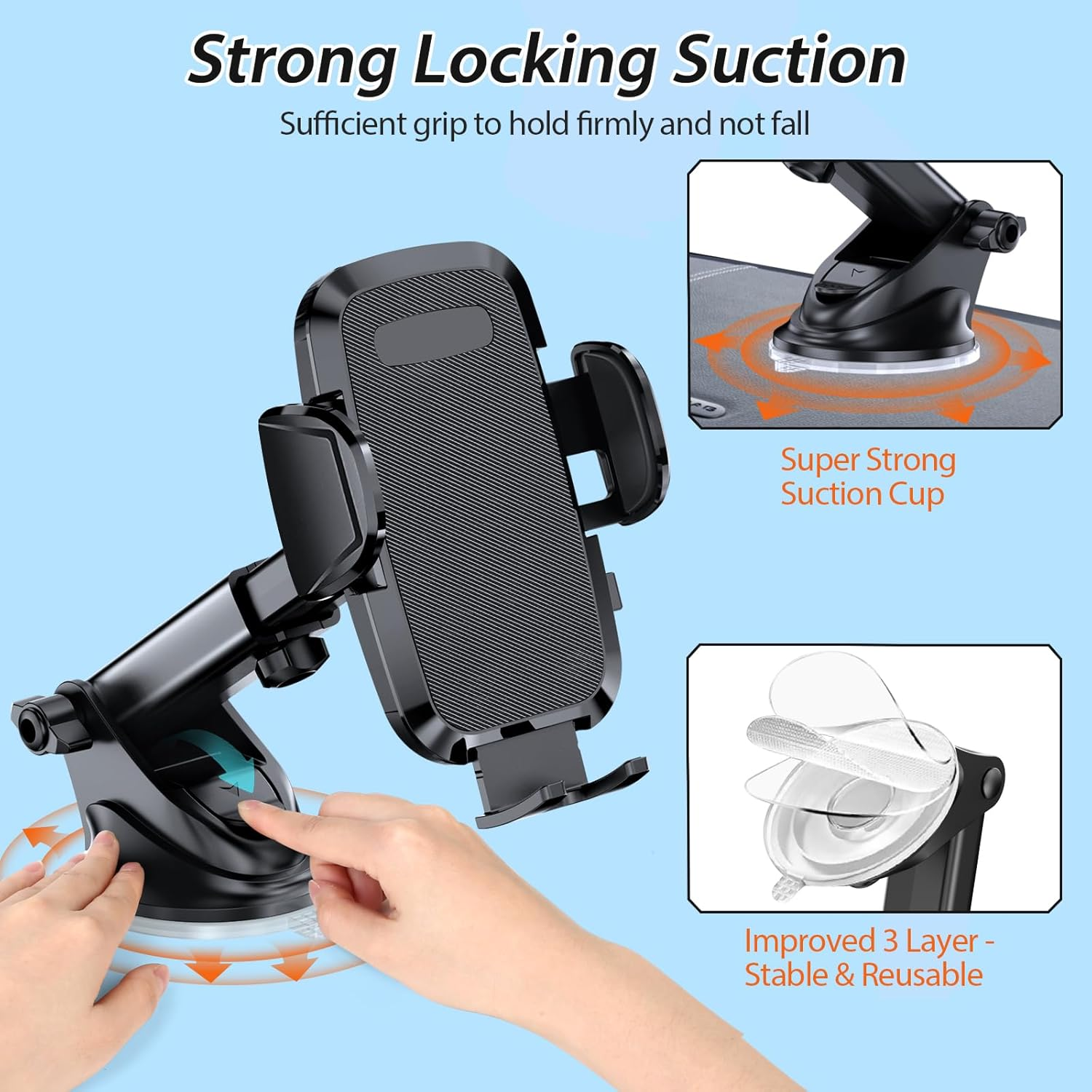 Hocerlu Mobile Phone Holder Car - Ultra Stable Car Mobile Phone Holder Suction Cup for Dashboard and Windscreen, All-Round Silicone Shockproof, 360&deg; Rotatable, One Button Release, for 3.8-6.7 Inch Smartphones image number 1