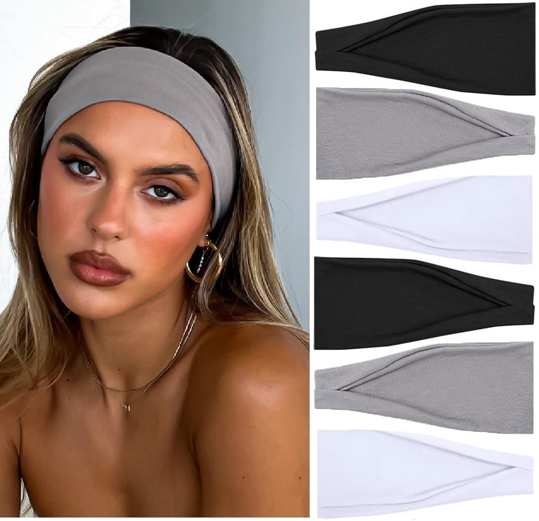 Weidllys Headbands for Women Men, 6-Pack Wide Non-Slip Stretchy Hair Bands, 4 Inch Fabric Sweatbands for Yoga, Workout, Sports, Fashion, Black White Grey image number 6