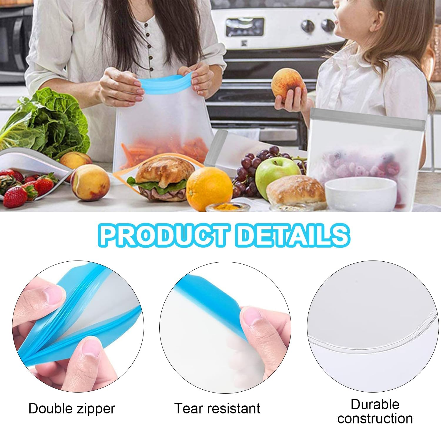 26 PCS Reusable Freezer Bags, Dishwasher Safe Reusable Bags Silicone, BPA Free Silicone Food Bags, Leakproof Silicone Sandwich Bags, Reusable Food Storage Bags for Lunch Meat Veggies image number 6
