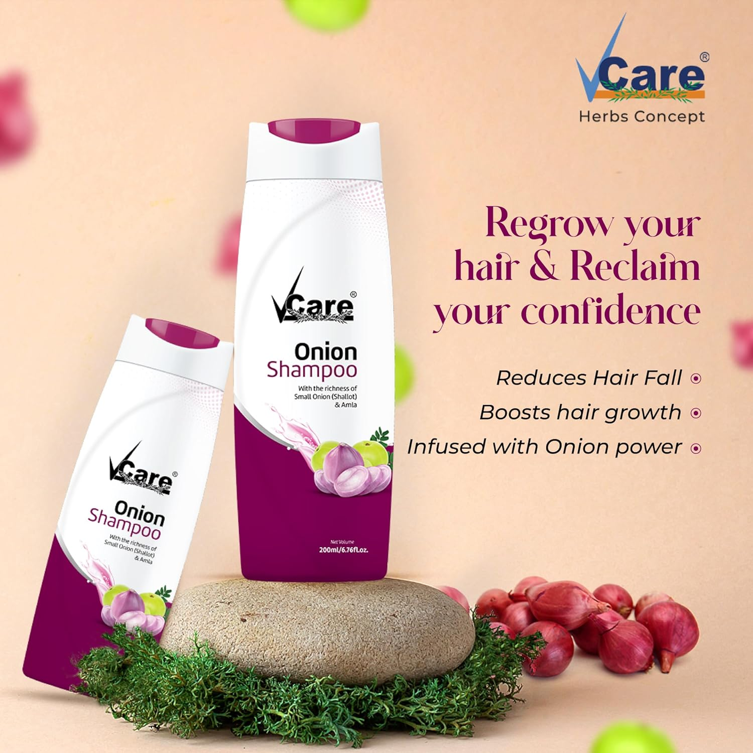 Vcare Onion Shampoo for Hair Growth and Hair Fall Control - with Small Onion and Amla -200 Ml Suitable for Both Men & Women image number 2
