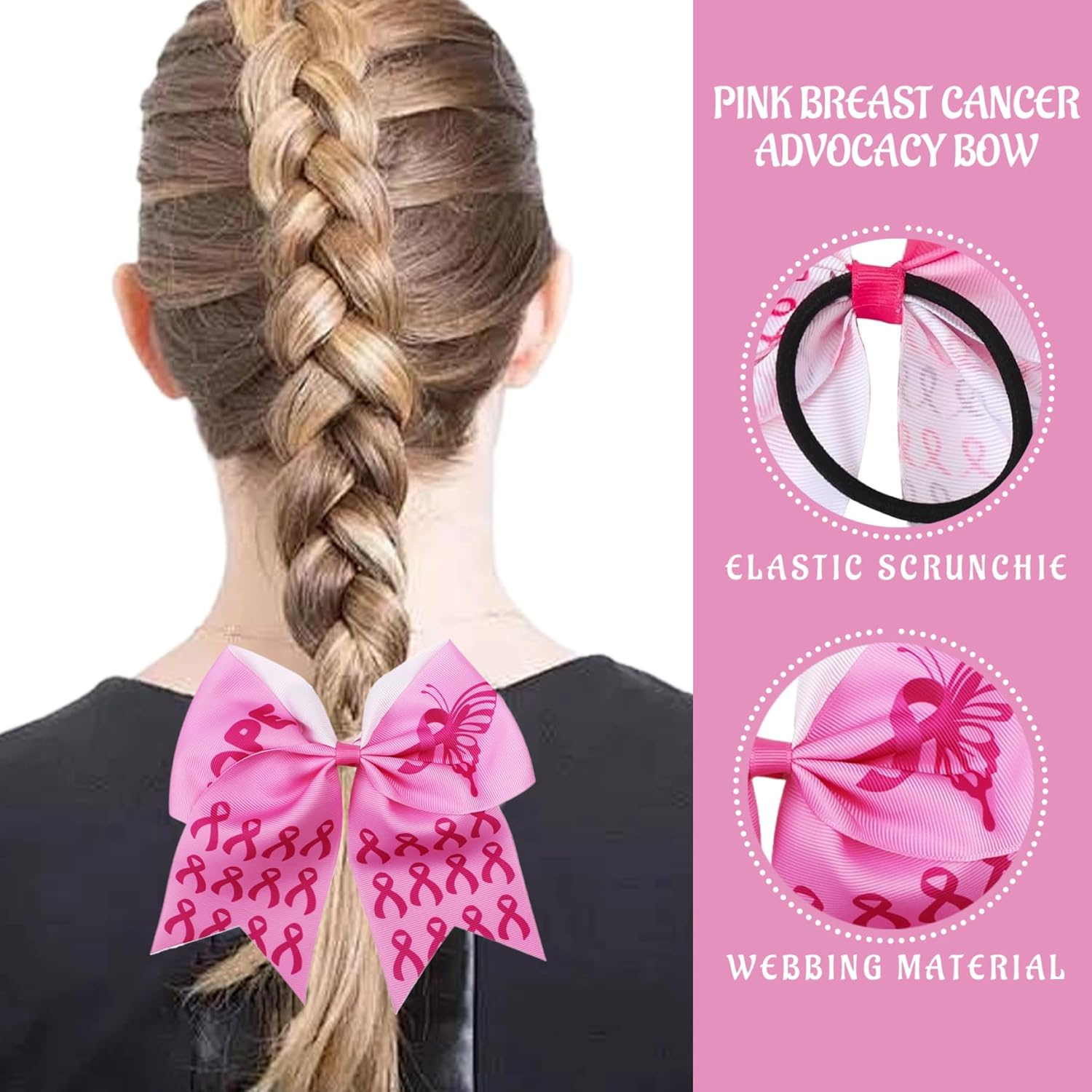Cheer Bows, Breast Cancer Cheer Bows 24Pcs 8X7 Inch Breast Cancer Awareness Bows with Elastic Band Decorative Inspiring Cheer Bows for Women, Girls, Breast Cancer Awareness Bows image number 4