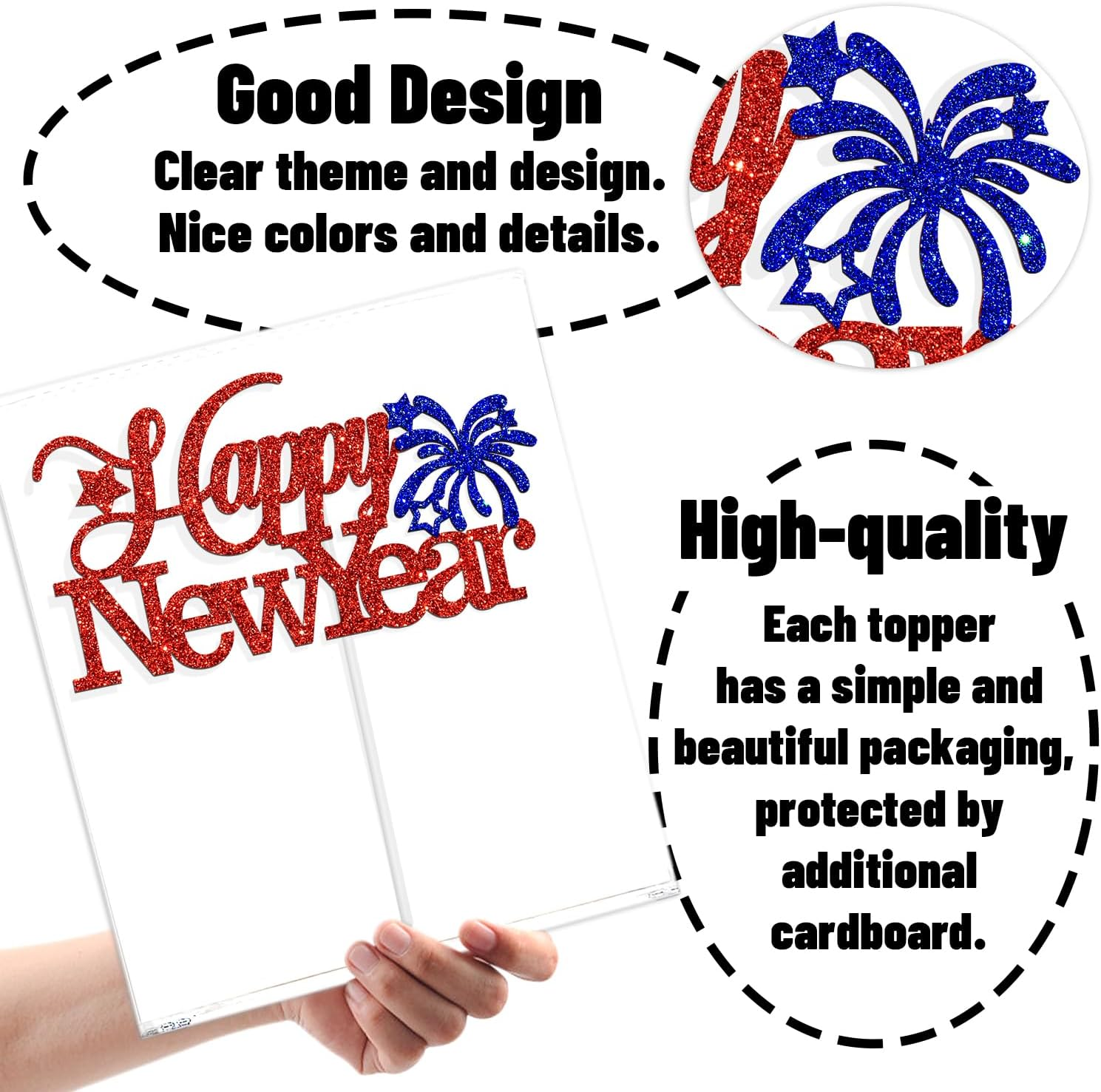 Happy New Year Cake Topper - Winter Xmas Holiday Cake Decor, Merry Christmas Santa Hello 2024 New Year Eve Party Decorations Supplies, Red and Blue Glitter image number 3