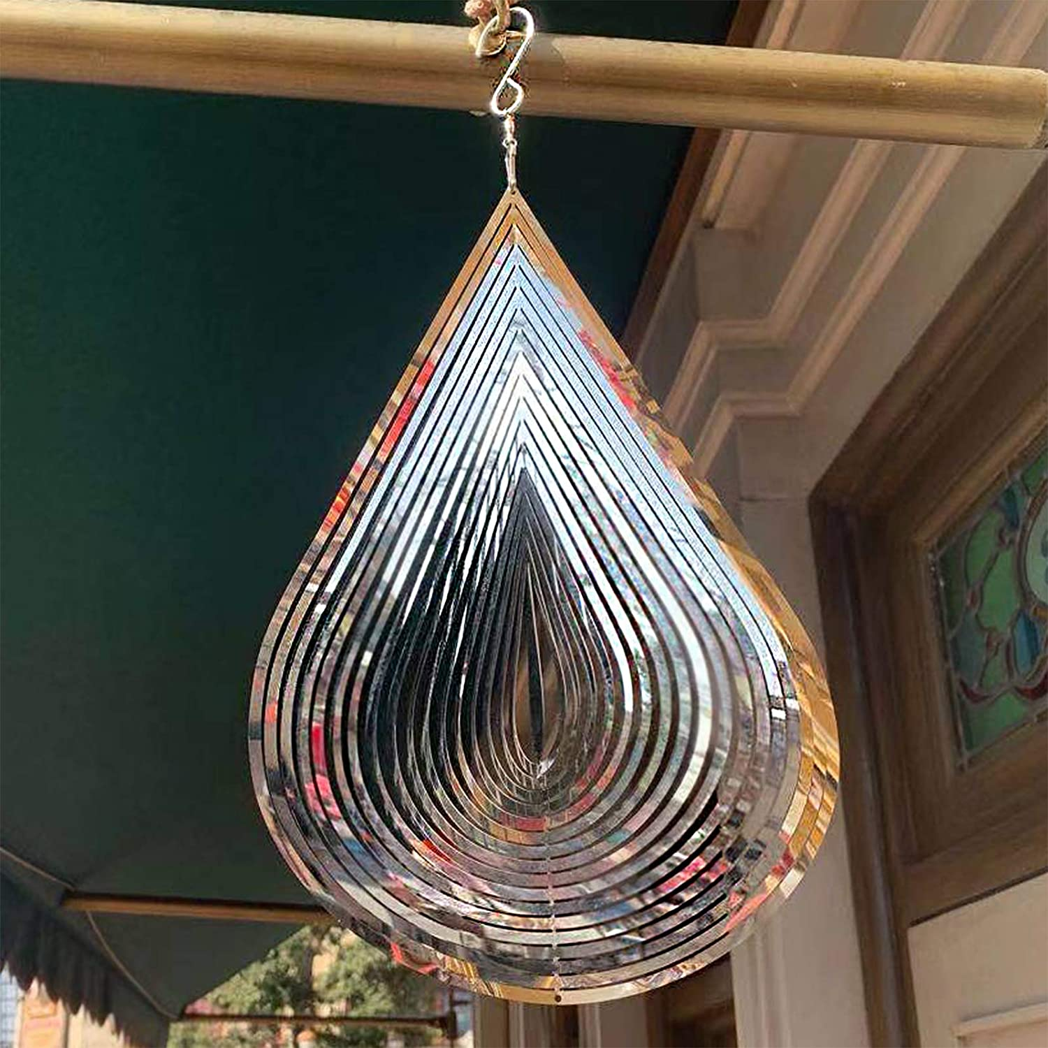 Jorontall Wind Spinner Stainless Steel 3D Flowing Light Effect Decoration for Outdoor Garden Hanging Decor Gifts 12&ldquo;X 8&ldquo; Silver Water Drop-Shaped Spinners with 360&deg; Rotating Hook