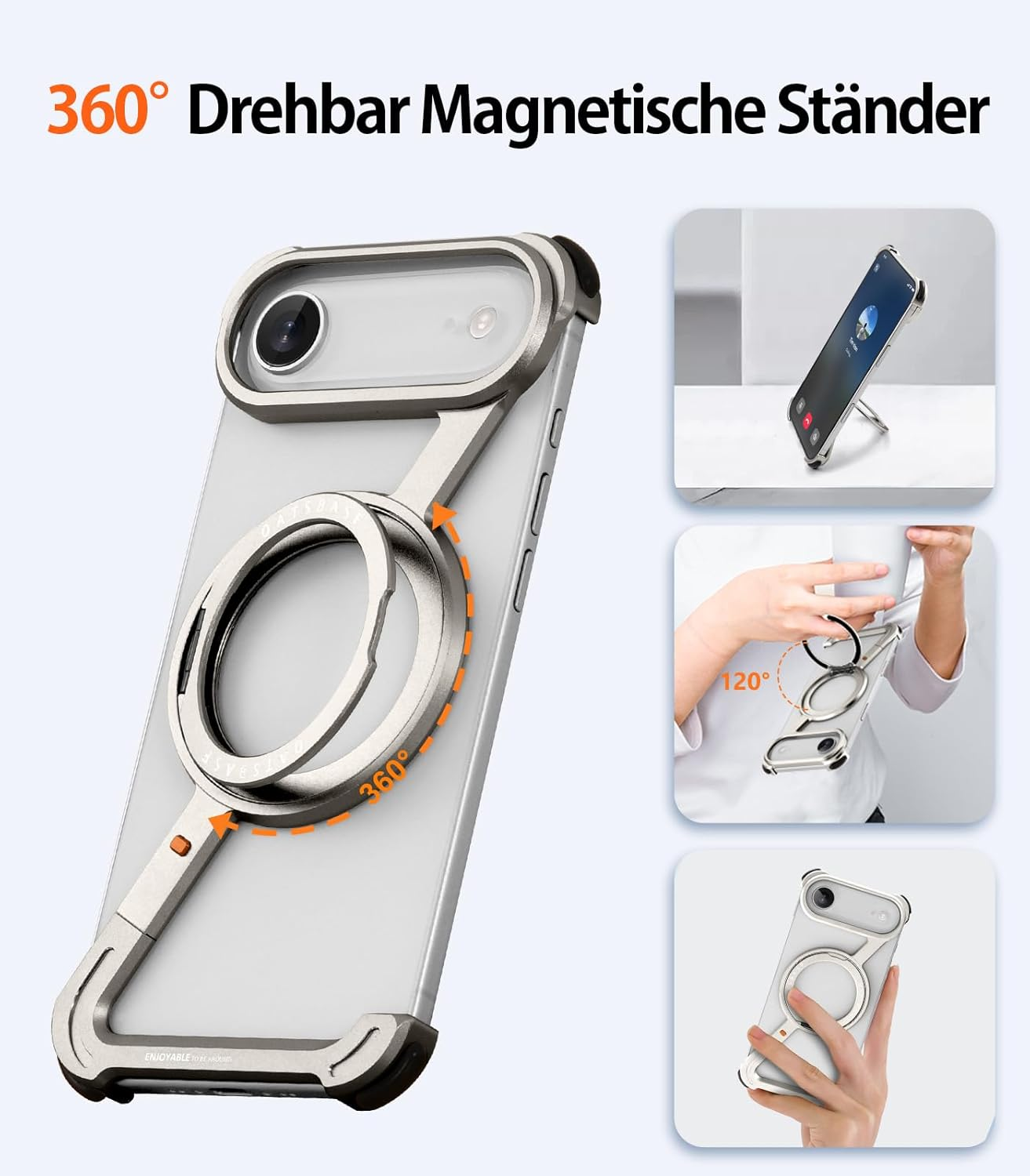 NIFBANG Z Shape for Iphone Air, Frameless Case, with 360&deg; Rotating Magnetic Stand, Mobile Phone Case, Thin Aluminium Military Shockproof Protective Case for Iphone 17 Air Bumper Case (Silver)