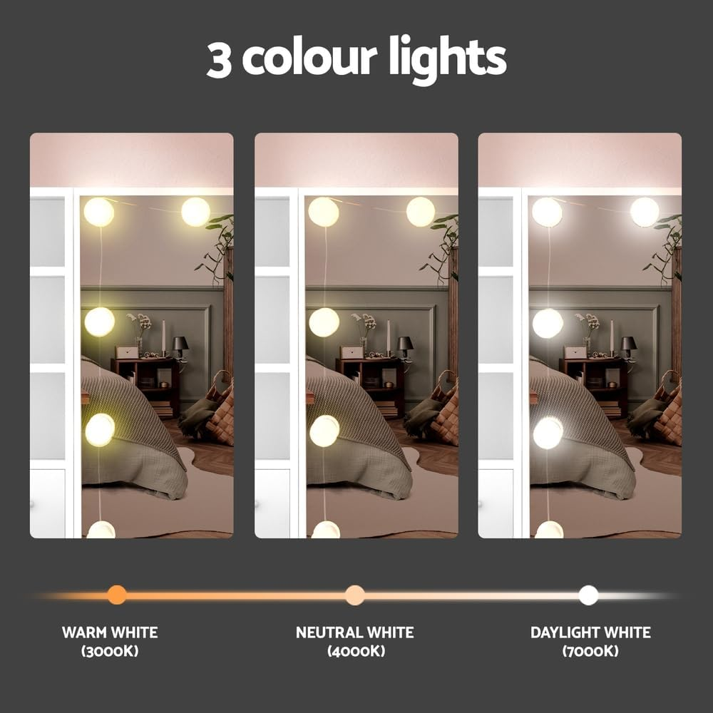 Artiss Dressing Table, Dressing Table with Mirror Lights 10 LED Bulbs Makeup Vanity Desk with Mirror Chair Stool Set Wooden, Home Bedroom Furniture Girls Women Organisers, Drawer Shelf Tabletop White image number 3