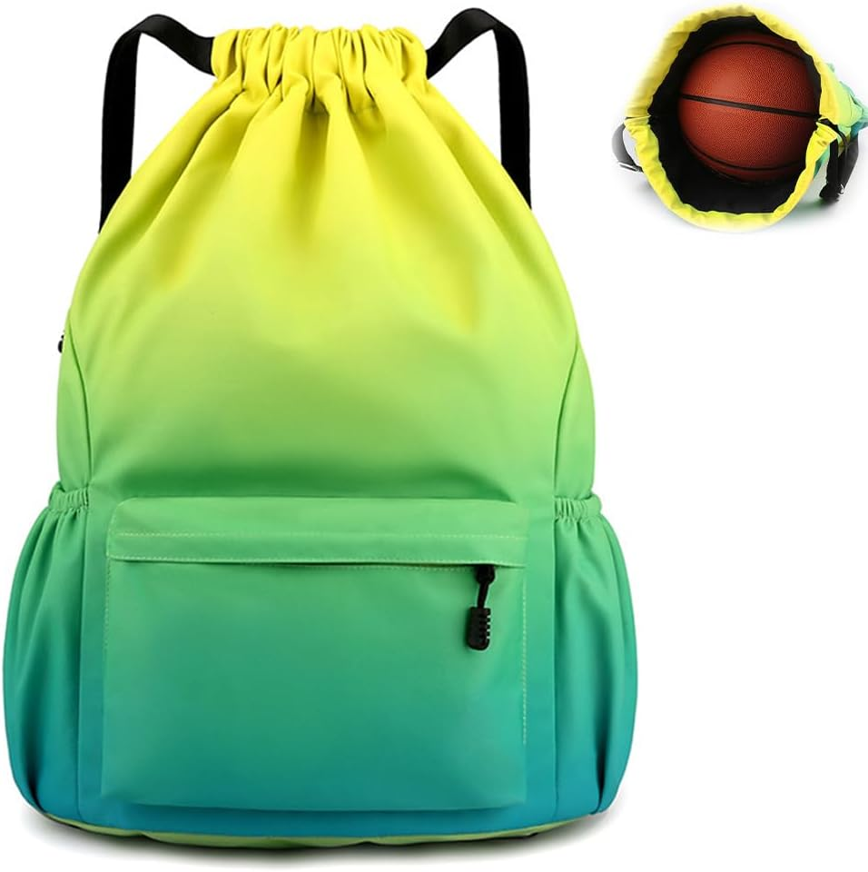 Drawstring Backpack,Waterproof Drawstring Bag,Storage Backpack,Outdoor Travelling Bag,For Sports, Work,For Men Women,With outside Zipper Pocket (Yellow Green Gradient) image number 1