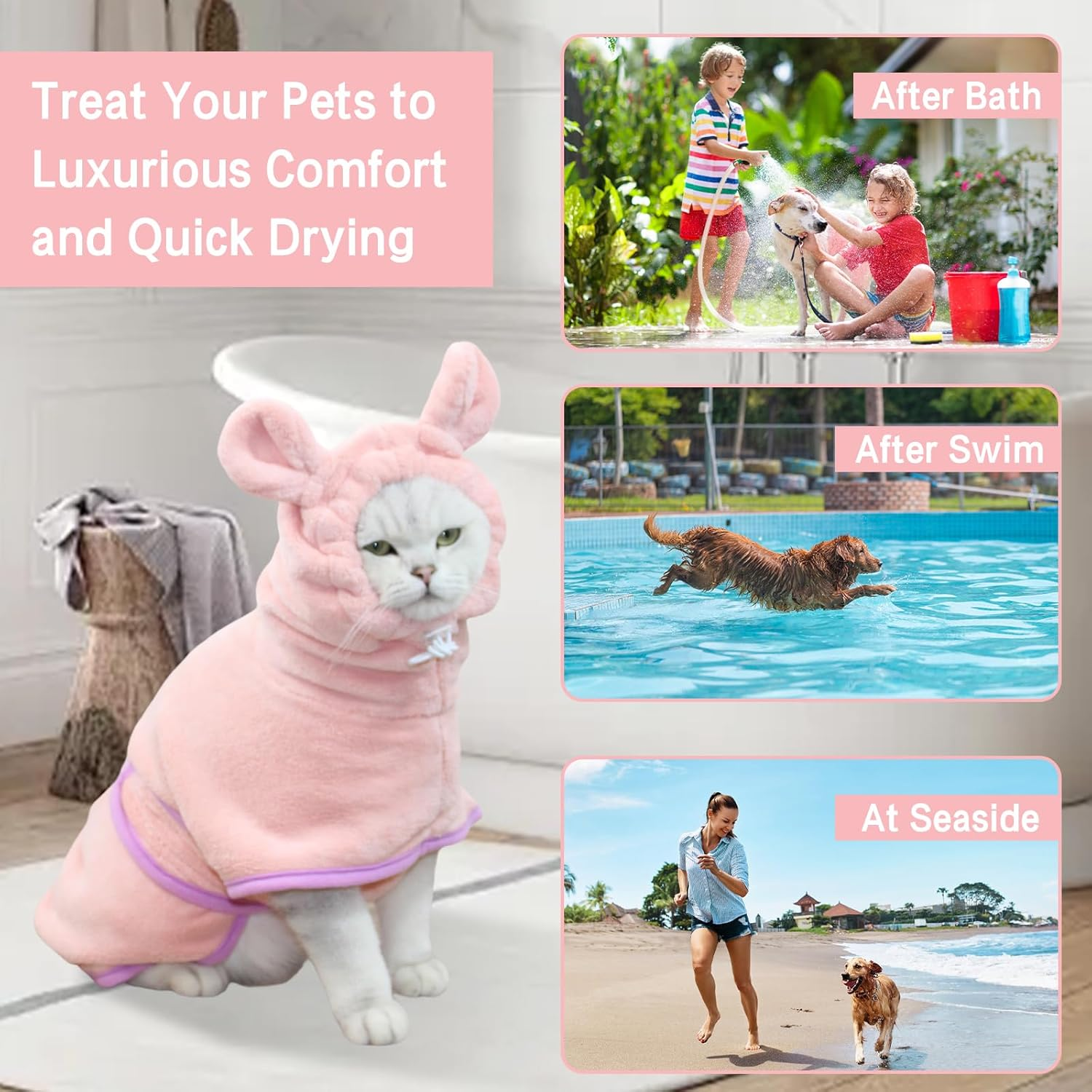 Fnaobai Pet Bathrobe for Dog Cat Absorbently Quick Drying Coat Cute Dogs Bath Towel Hooded Robe Adjustable Collar & Belly Strap for Pool Beach (Pink, XS) image number 2