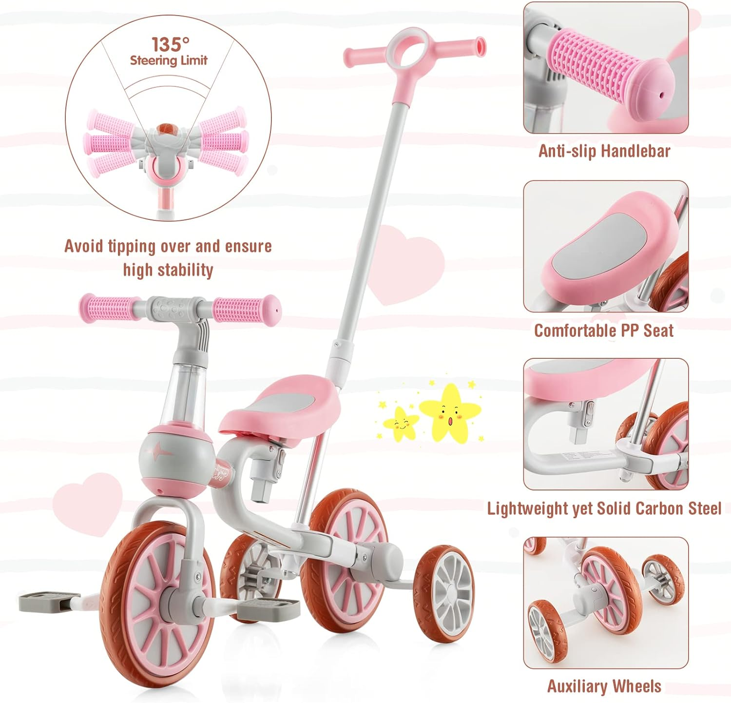 HONEY JOY 4-In-1 Toddler Tricycle, Kids Training Balance Bike W/Adjustable Parent Handle, 2-Level Seat Height & Reversible Handlebar, Push Trike for Toddlers 3-4 Years Old (Pink) image number 2