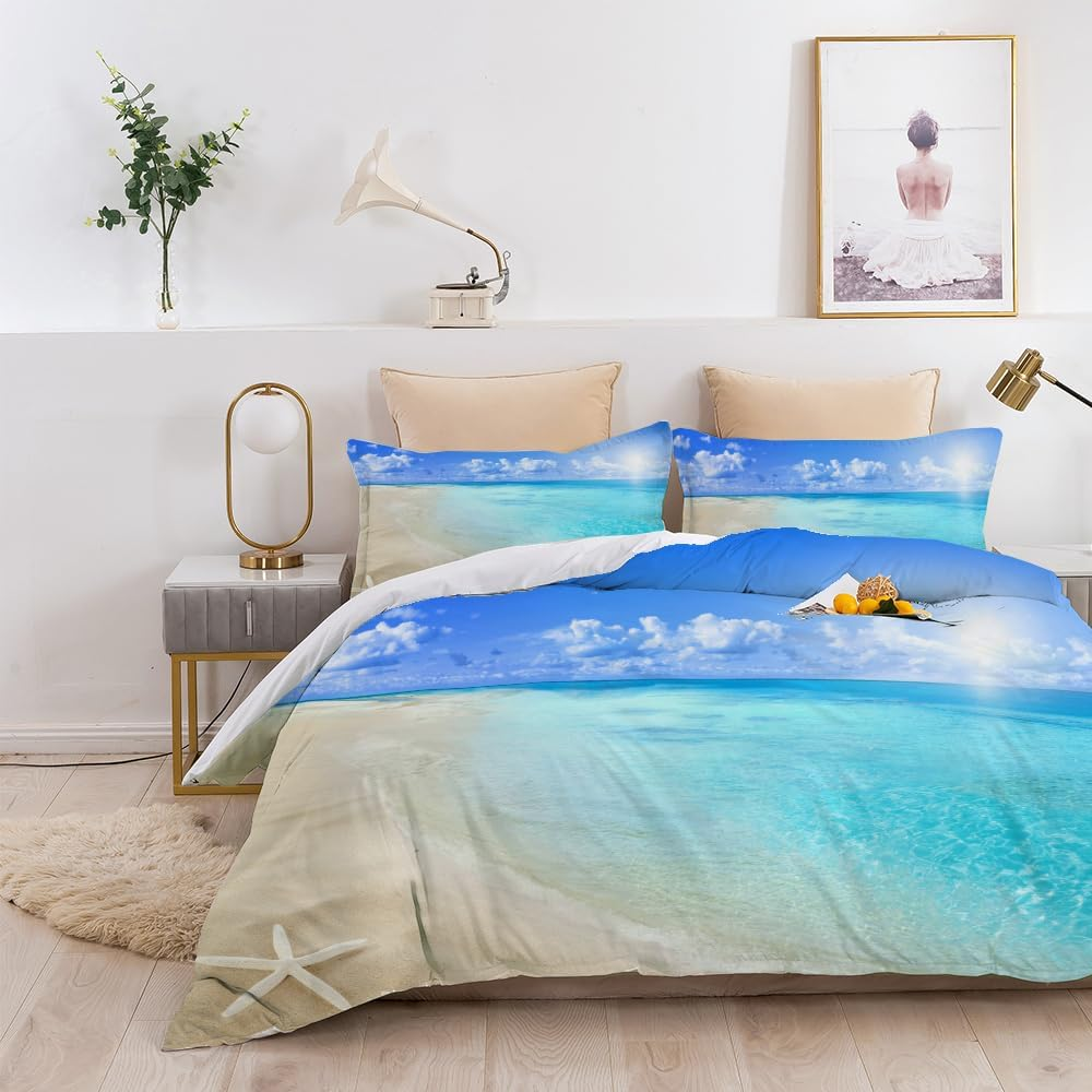 3D Blue Sea Beach Starfish Quilt Cover Set Bedding Set with Pillowcases, Single/Double/Queen/King Size (Double) image number 2