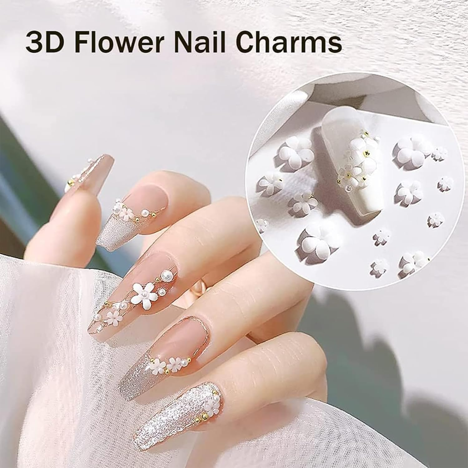 Gaivek 2 Pack 3D Flower Nail Art Charms Set, 12 Grids Spring Blossom Nail Decorations with Gold and Silver Beads, 5-Petal Floral Nails Accessories for DIY Manicure Design image number 5
