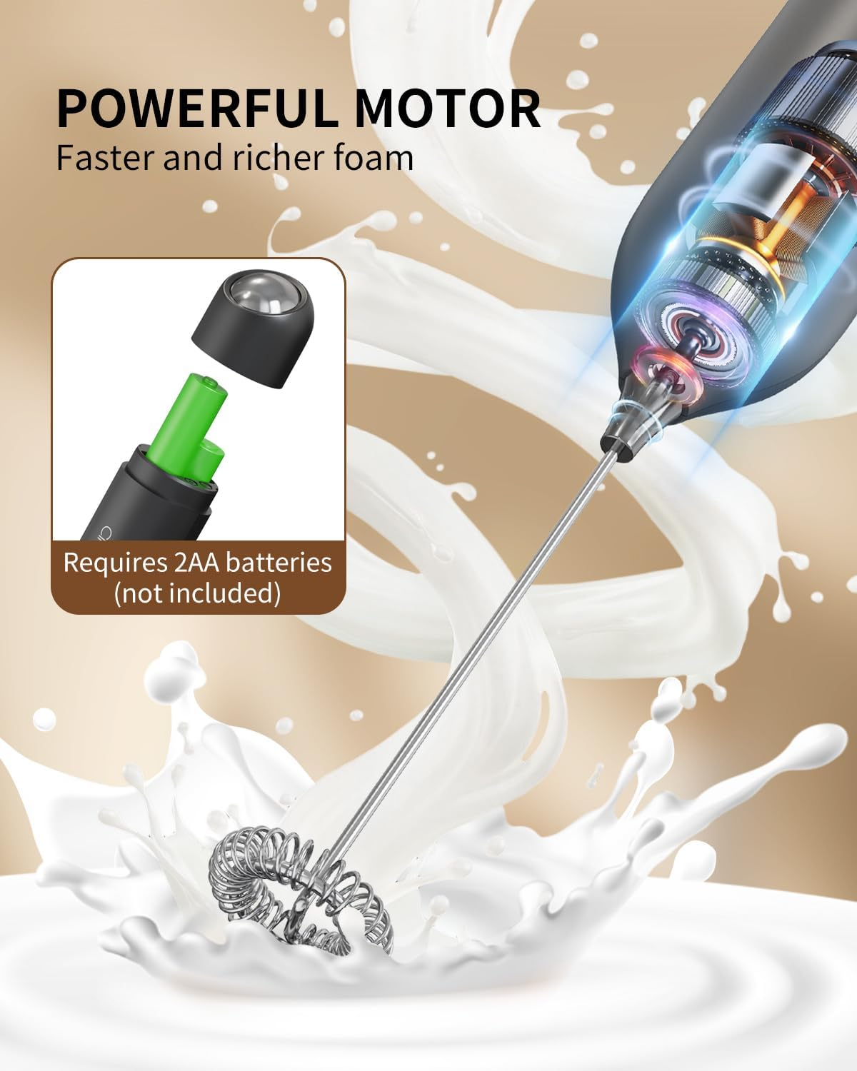 CIRCLE JOY Milk Frother Handheld with Stand Battery Operated Milk Foamer Electric Mini Drink Mixer for Coffee, Cappuccino, Lattes, Frappe, Matcha and Hot Chocolate, Black image number 4