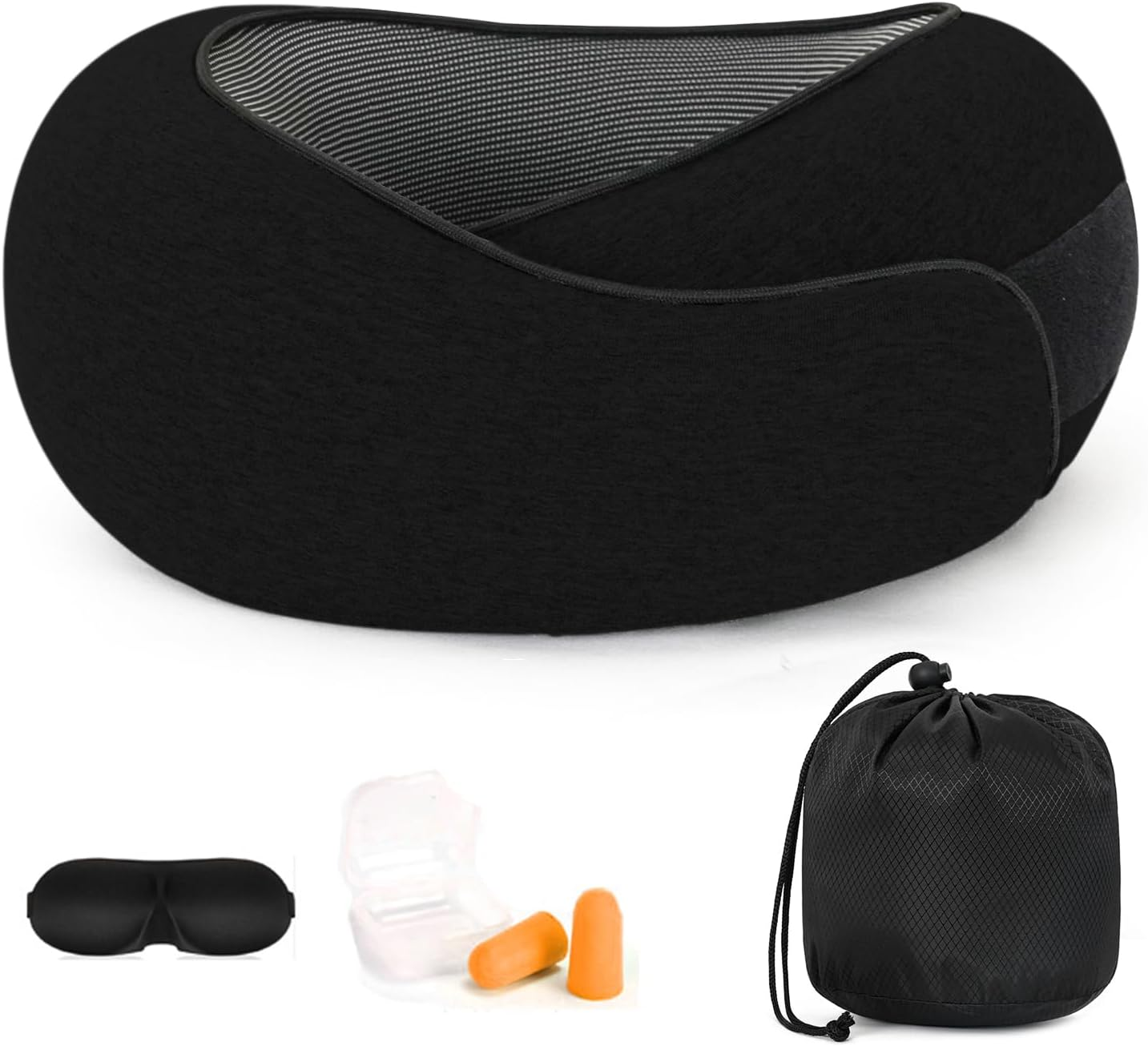 Travel Neck Pillow, Memory Foam Travel Neck Pillow for Airplanes, 360&deg; Support Stowable Pillows for Sleeping, Airplane Travel Kit with 3D Contoured Eye Masks, Earplugs, and Storage Bag (Grey)