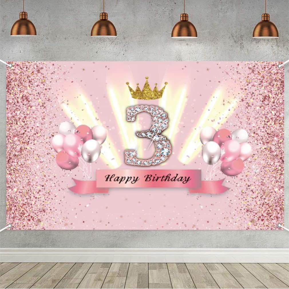 3Rd Birthday Decorations for Girls Happy 3Rd Birthday Backdrop Banner Party Deco Girl 3 Years Old Anniversary Party Fabric Sign Poster Pink Photo Background 3Rd Birthday Party Supplies, 59"X35.4" image number 5