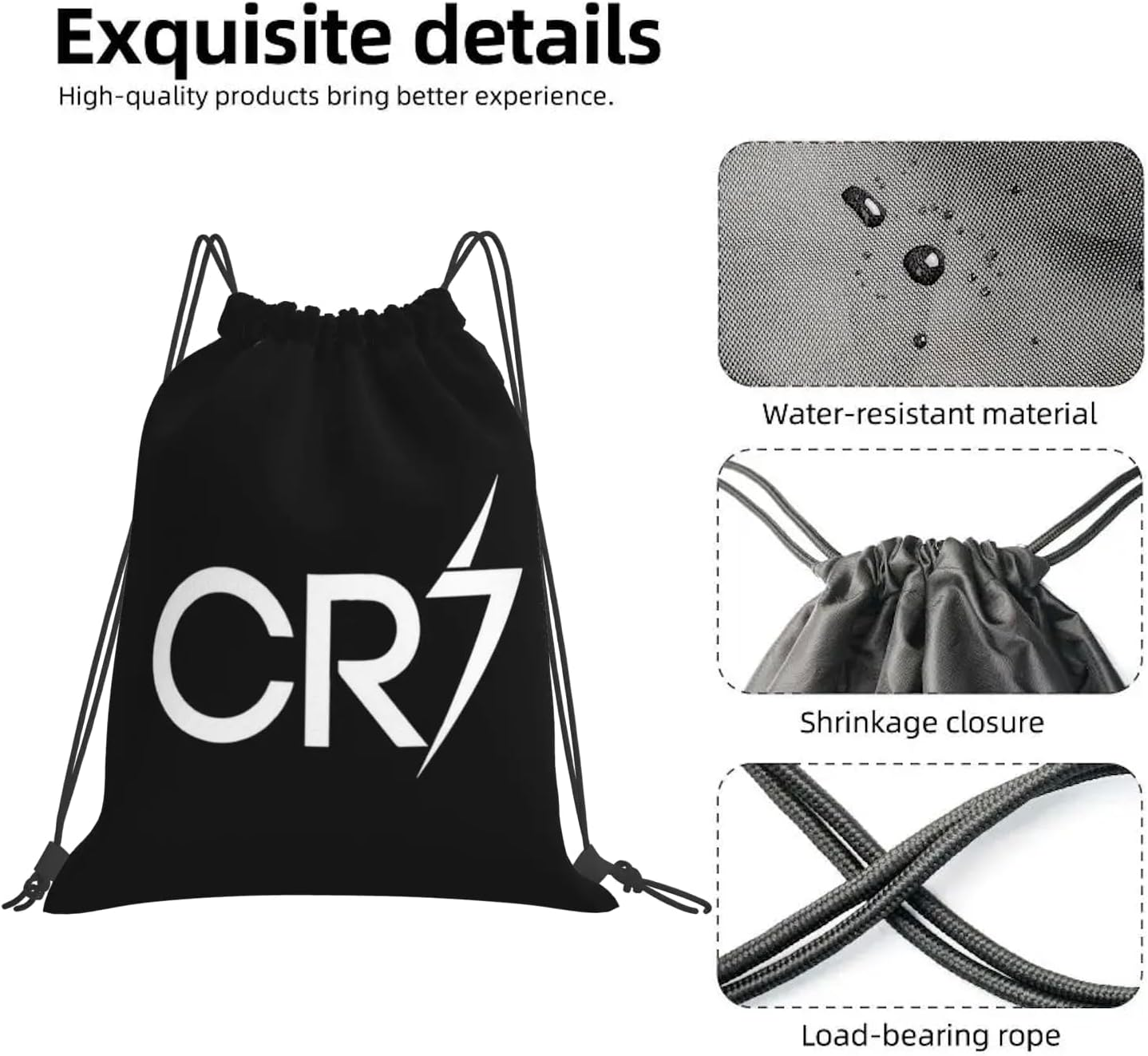 EZB Football Legend CR7 Drawstring Ronaldo Bag | 36X30Cm Midi Sized Backpack | Multi-Use: Sports Kits, PE Kits, Gym, Lunch, Holiday, Beach, Soccer Pump Bag | CR7 Bag, Black, 36X30Cm image number 5