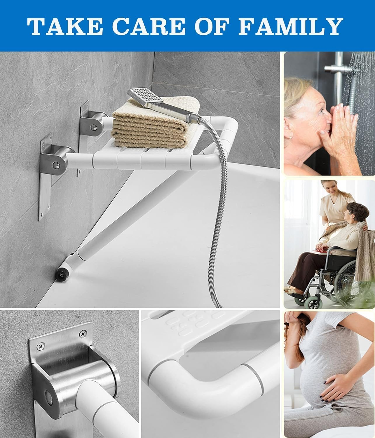 Gliron Folding Shower Bath Seat,Stainless Steel Wall-Mounted Barrier-Free Bathroom Stool,Safety Bath Chair for Elderly, Pregnant, Handicap & Disabled image number 2