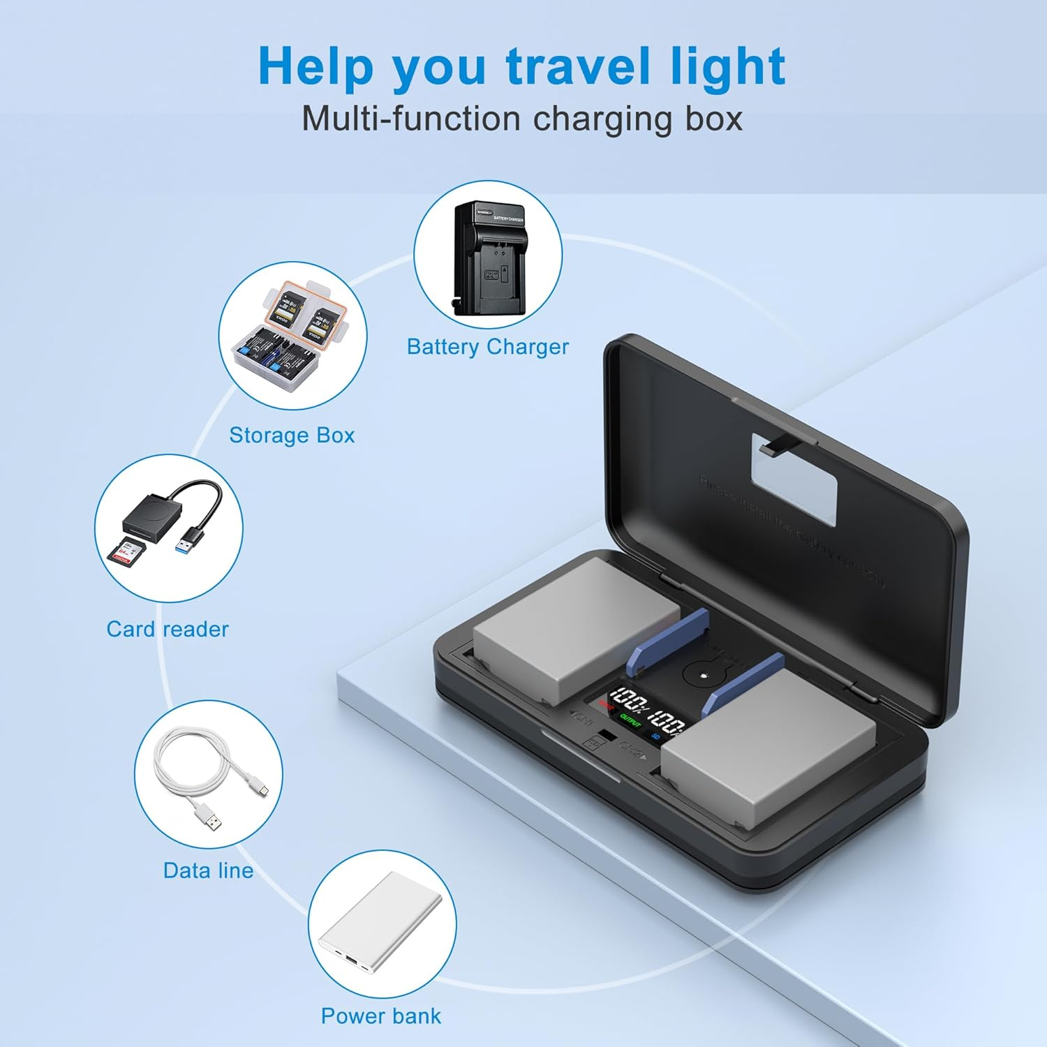 BLN-1 (1600Ma) Camera Battery Multifunctional Charger Set (Including Two Batteries) Compatible with Sony/Canon/Nikon/Fujifilm/Panasonic/Olympus/Pentax Camera image number 3