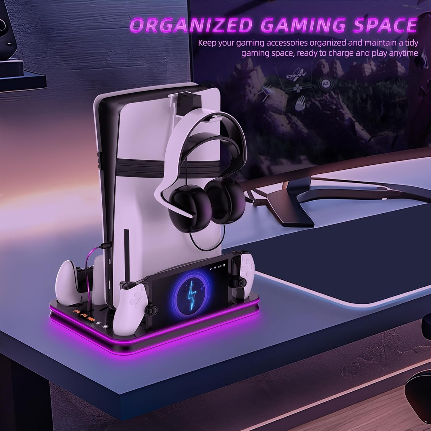 EJGAME PS5 Pro/Slim/Ps5 Stand and Cooling Station with RGB Lighting Controller Charging Station for Playstation 5 Console, PS Portal Charging Dock, P5 Pro Accessories with 3 Level Cooling Fan (Black) image number 2