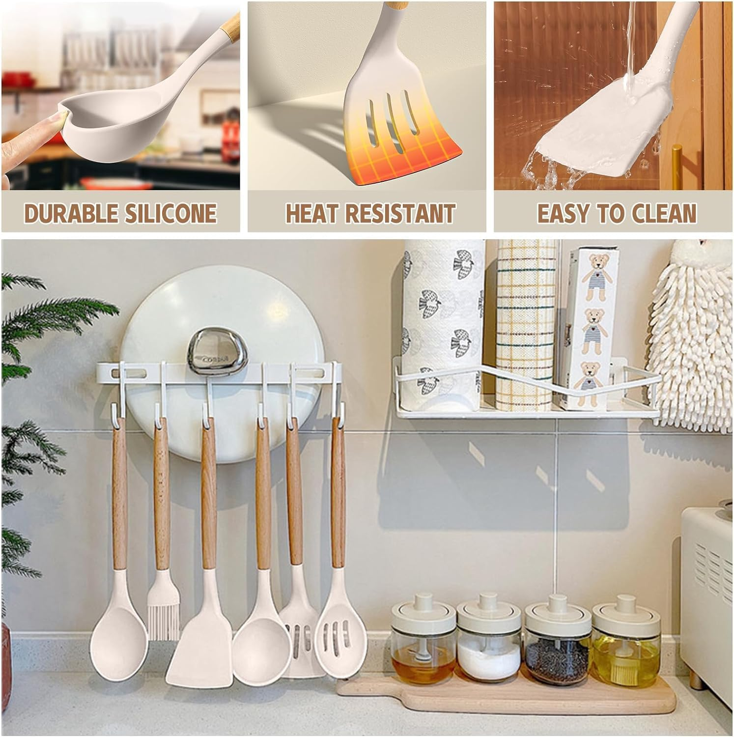 Kitchen Utensil Set Silicone Cooking Utensils Umite Chef 24 Pcs Kitchen Utensils Tools Wooden Handle Spoons Silicone Utensil Set Spatulas Set Cookware Turner Tongs Whisk Kitchen Gadgets with Holder - Colorful image number 3