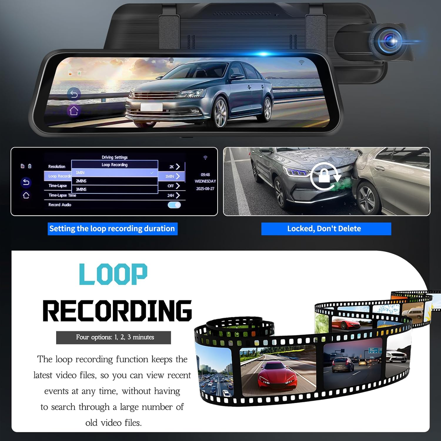 Rimoody 9.66" 2K Mirror Dash Cam 3 Channel Front 2K +Inside 1080P+ Rear 1080P, Rearview Mirror Camera, Touch Screen Front and Rear, G-Sensor Parking Assistance Night Vision 64GB Card image number 2