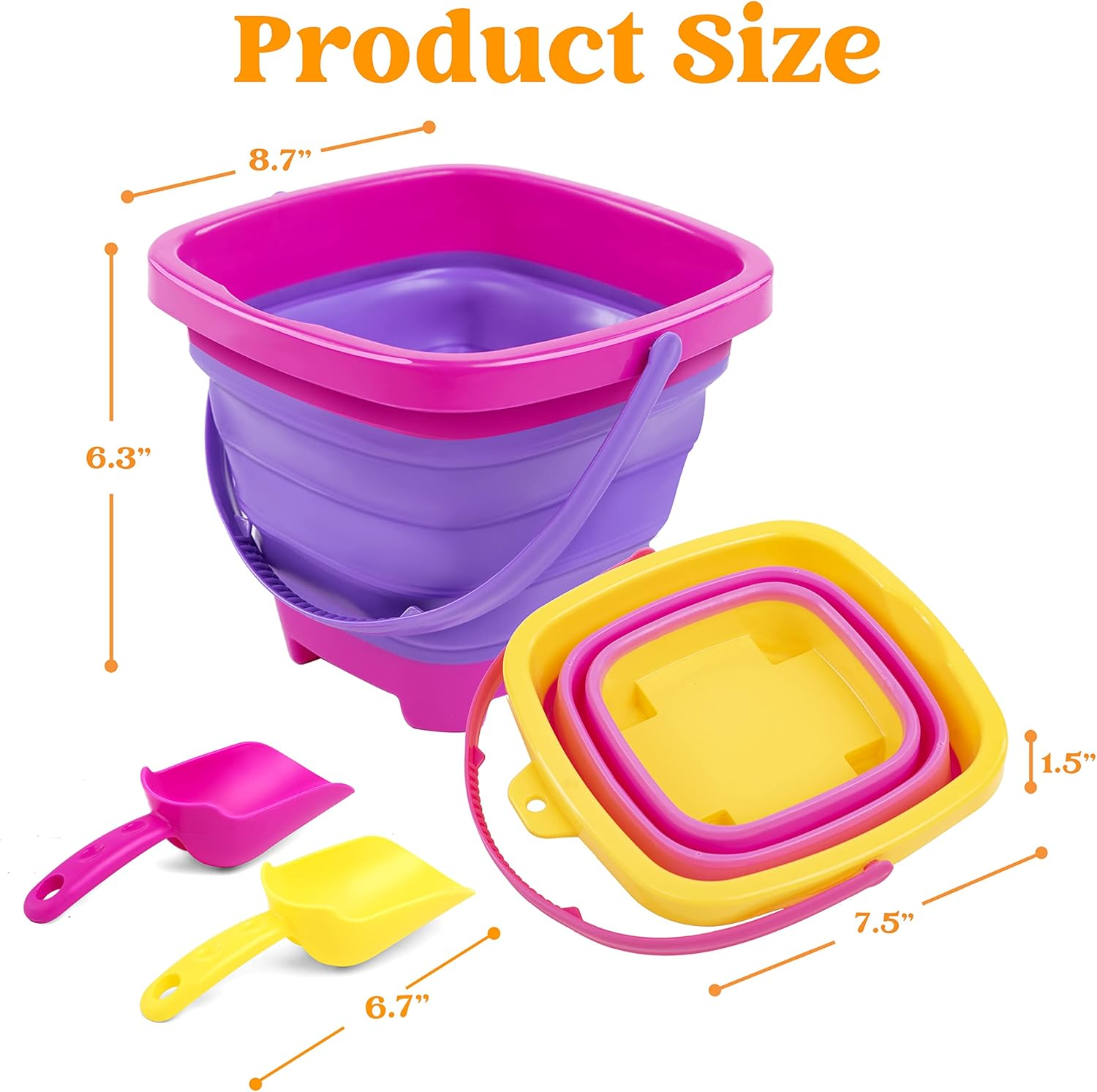 Sloosh 3 Packs Beach Bucket - Collapsible Bucket with Sand Shovels and Mesh Backpack for Kids Toddlers Beach Toys, Easter Egg Hunt, Camping, Travelling and Fishing Water Pail image number 3