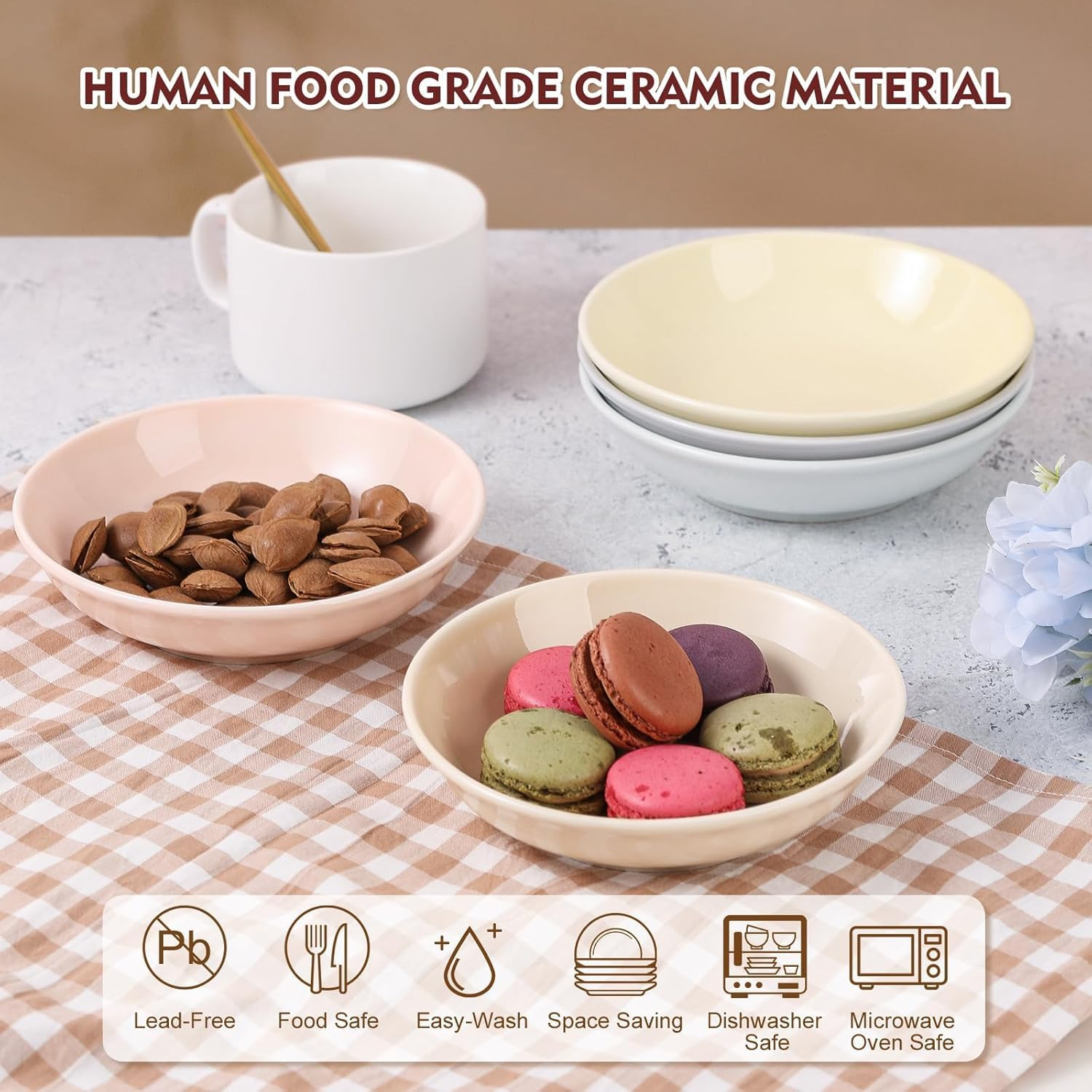 Ceramic Cat Food Bowl Set - Colorful Feeding Bowls with Non-Slip Mat - Wide Shallow Whisker Friendly Plates - Cute Dish - Microwave Dishwasher Safe - 6 Pack - 8.5 Oz - 5.75 Inch