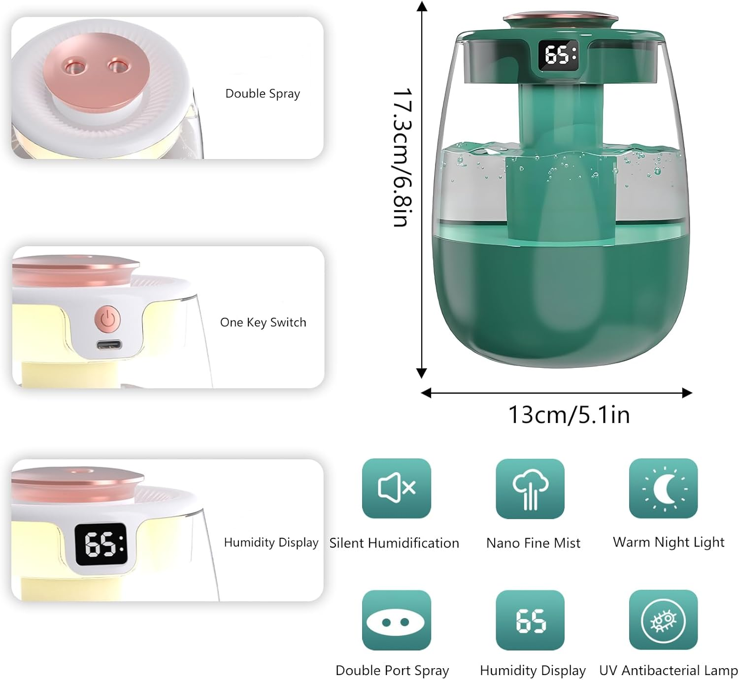 Air Humidifier, Mini USB Dual Spray Humidifier, 3 Spray Modes, UV Antibacterial Night Light, Humidity Display, Quiet, Air Humidifier for Bedroom Babies Room Desktop Office(White) image number 3