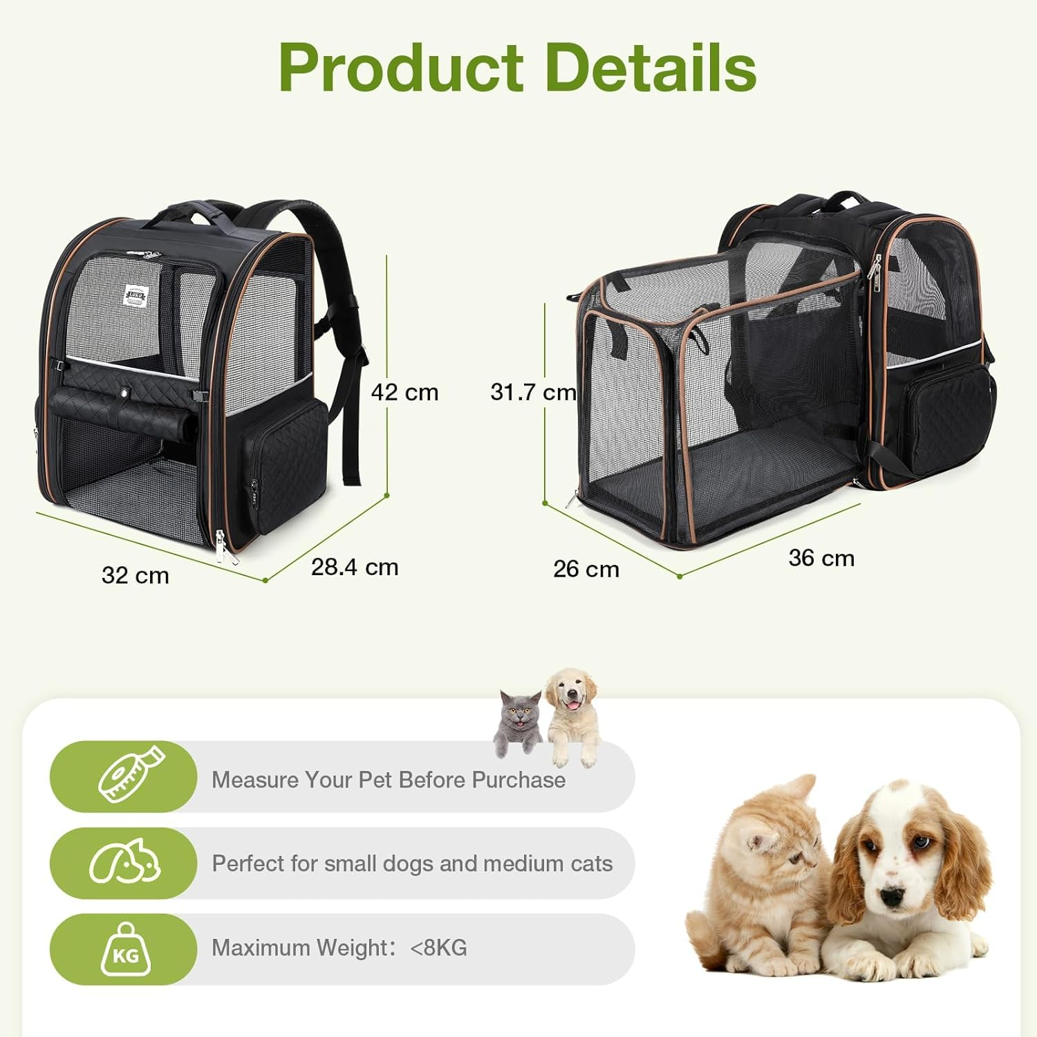 Lekespring Expandable Cat Backpack Dog Backpack for Cats Dogs up to 8 Kg, Large Cat Backpack Foldable Pet Backpack, Black image number 2