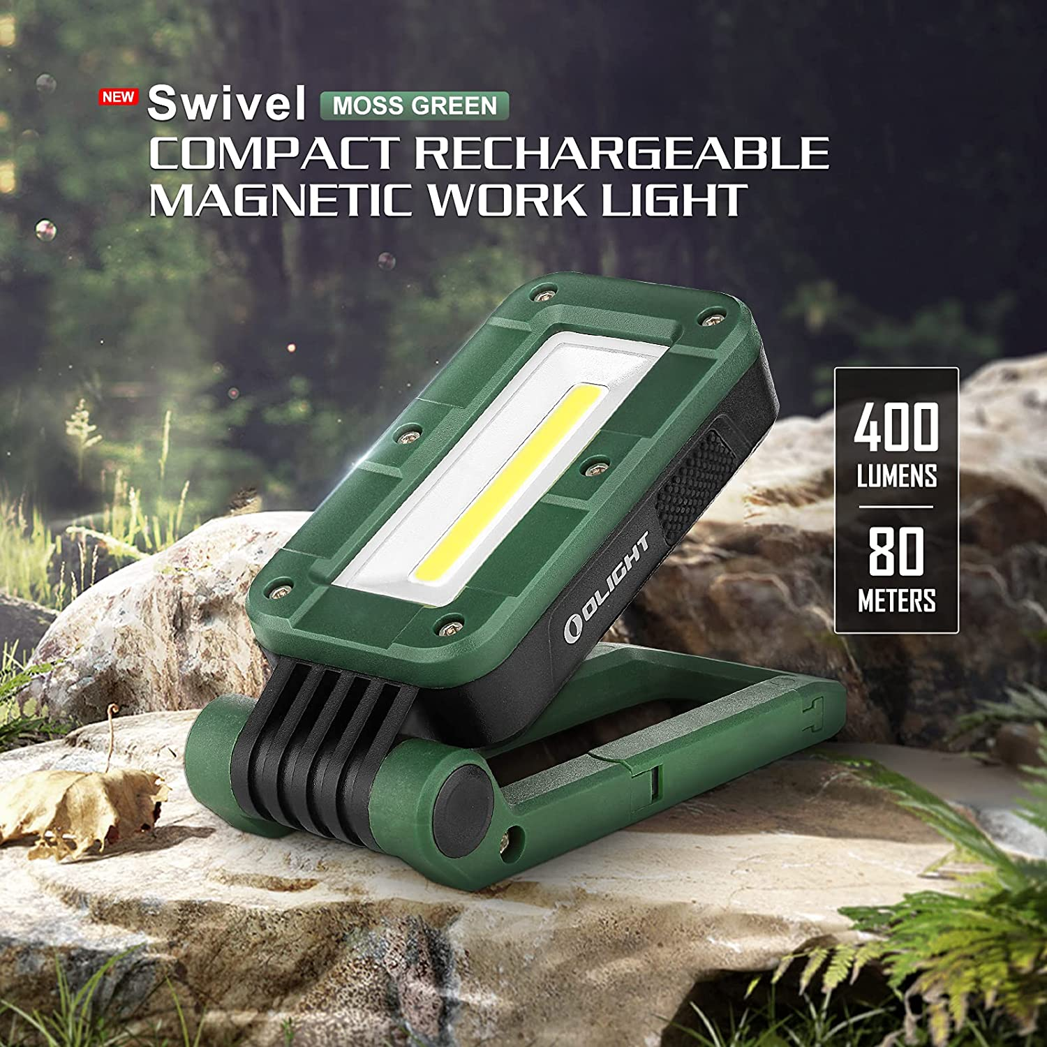 OLIGHT Swivel COB LED Work Light Adjustable Portable Handheld Torches Max400 Lumens Rechargeable IPX4 Waterproof Max 90H with Magnetic Base and Hanging Hook(Moss Green) image number 2