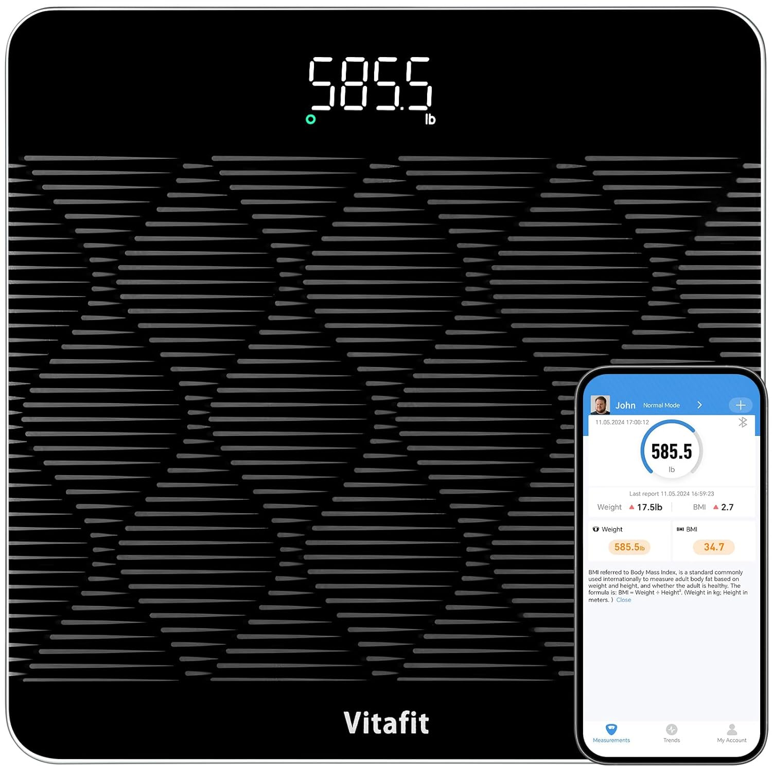 Vitafit Amazing 300Kg Smart Bathroom Scales in 0.05Kg, High Accuracy Assured by Digital Scale Professional Factory since 2001, Large Platform with 8Mm Non-Slip Tempered Glass, LED, Black image number 3