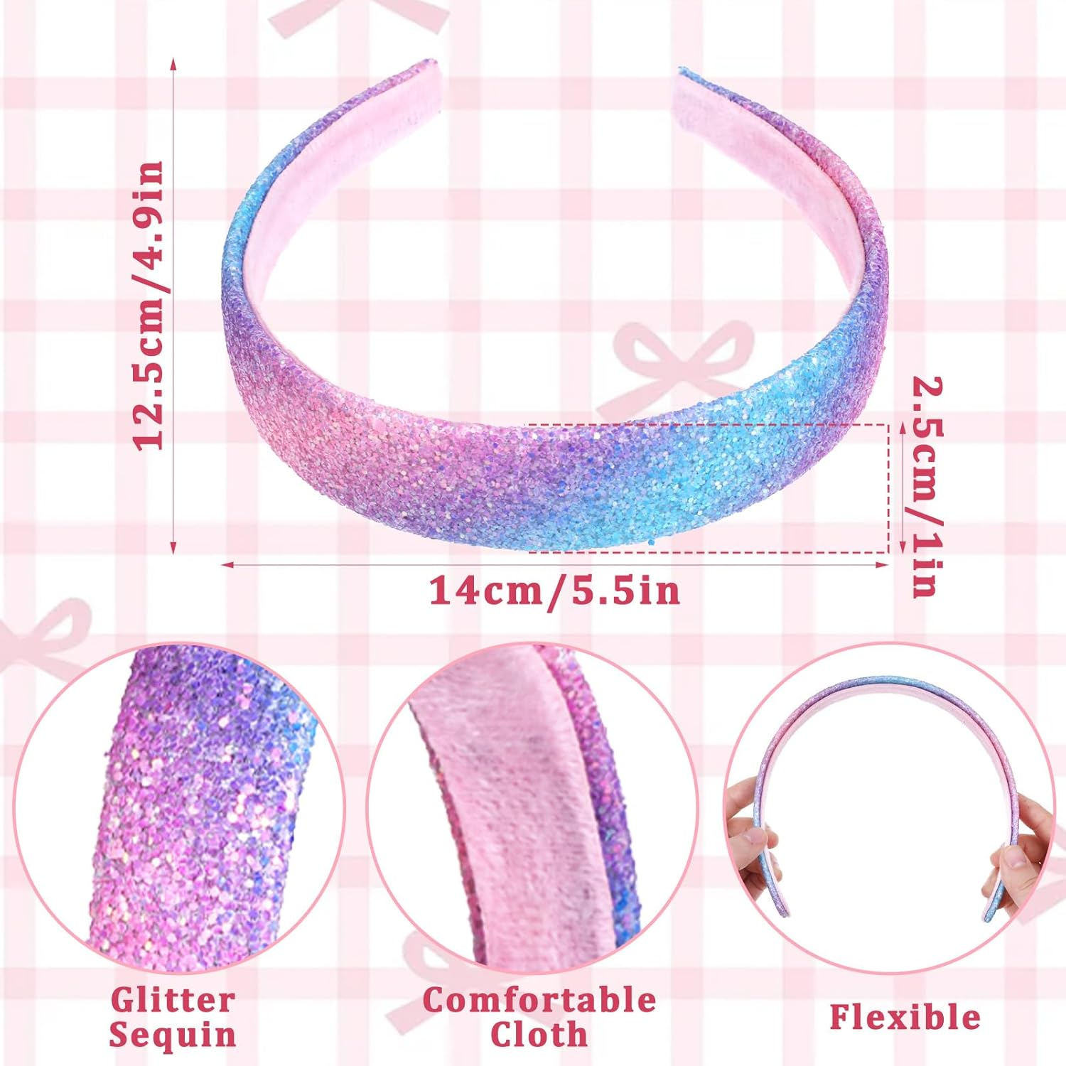 Rainbow Headbands 2 Pack Girls Sweet Hairband Glitter Rainbow Headband Cute Sparkly Bling Headbands Wide Thick Head Bands Hair Accessories Fashion Head Bands (2 Styles Tie Dye) image number 5