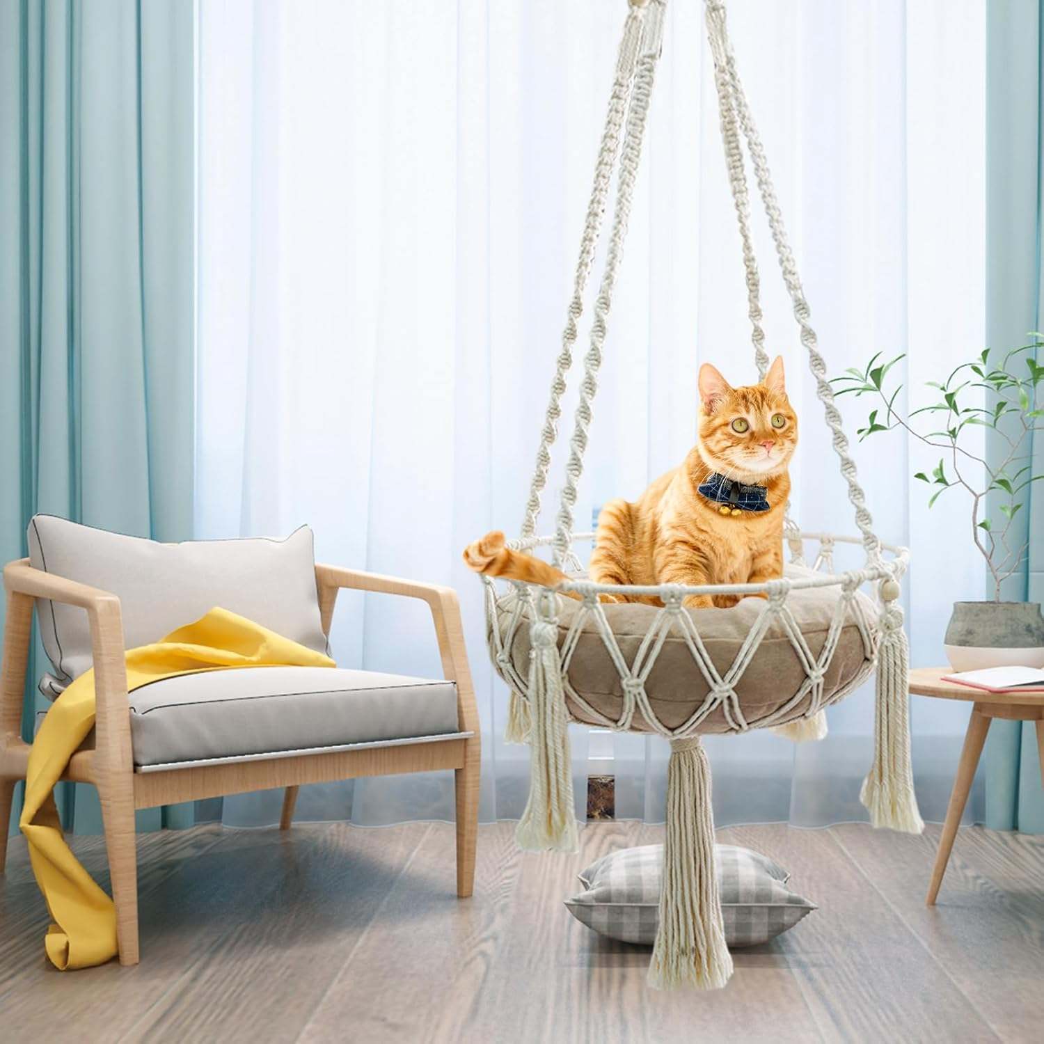 NCONCO Hand Knitted Hanging Cat Hammock Macrame Cat Hanging Bed Cat Basket Bed for Indoor and Outdoor Playing, Sleeping, Climbing (White) image number 4