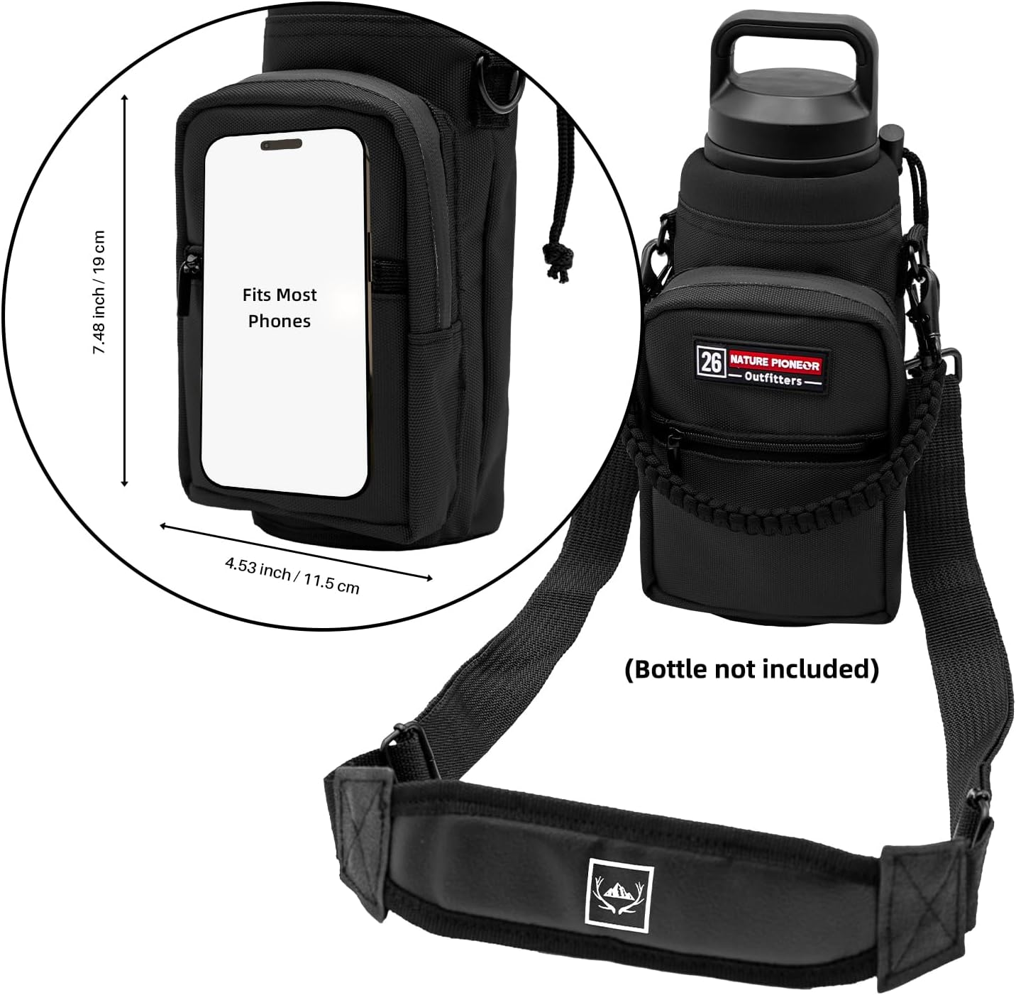 NATURE PIONEOR Water Bottle Carrier with Adjustable Strap - Insulated Sleeve Pouch Water Bottle Holder Bag with Paracord Handle & 2 Storage Pockets for Yeti 26/36/46 Oz, Hiking, Camping, Gym, Travel image number 4