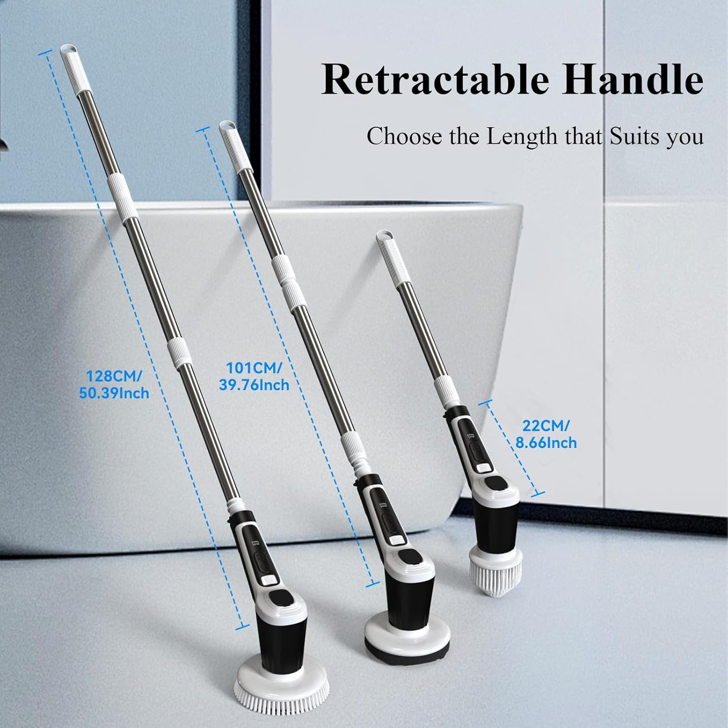 Minthouz Electric Spin Scrubber, Grout Cleaner Brush with 2 Speeds &6 Replaceable Brush Heads,Ip68 Waterproof,Battery Display,Adjustable Extension Handle for Bathroom Kitchen Tile Floor Tub[Black] image number 5