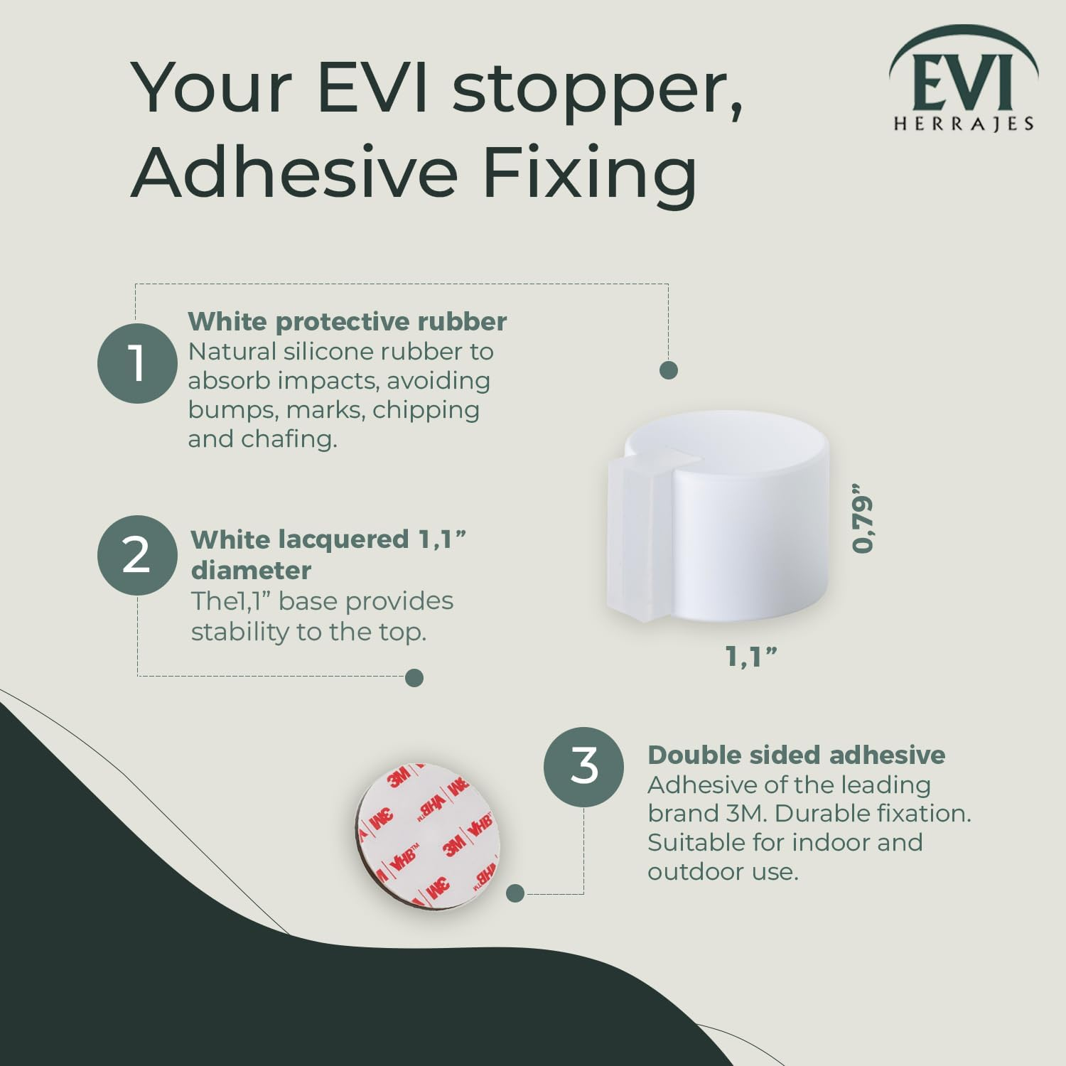 EVI Door Stoppers | Stainless Door Stop - Adhesive Fastening - Protector Rubber - 1.1 X 0.79 Inch White Door Stopper - Letaher Brass - White Rubber image number 7