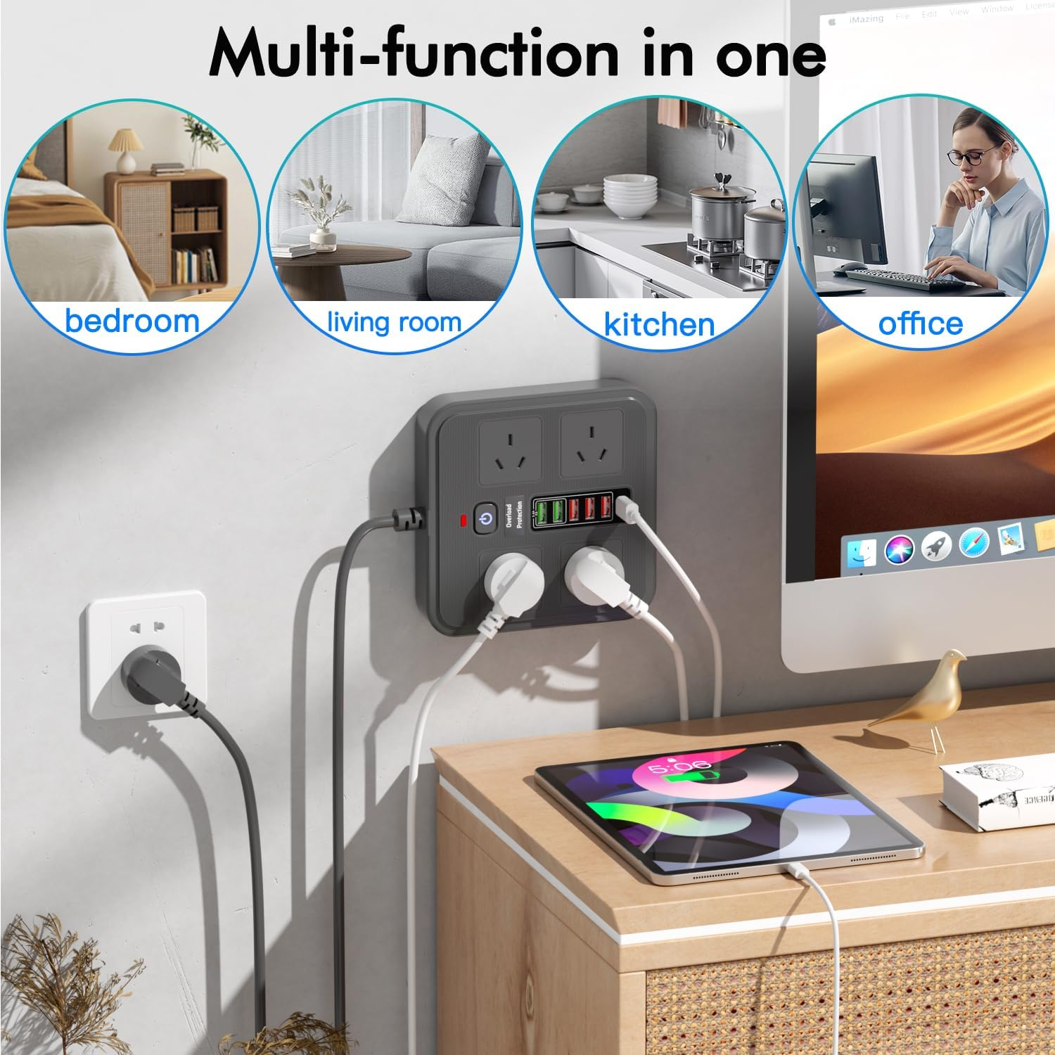 Lvpradior 10-In-1 Power Board with 4 AC Outlets & 6 USB Ports (5 USB-A + 1 USB-C) &ndash; 2500W Surge Protector, 1.8M Extension Cord, Wall Mountable for Home Office, Kitchen & Gaming(Black) - Black image number 5