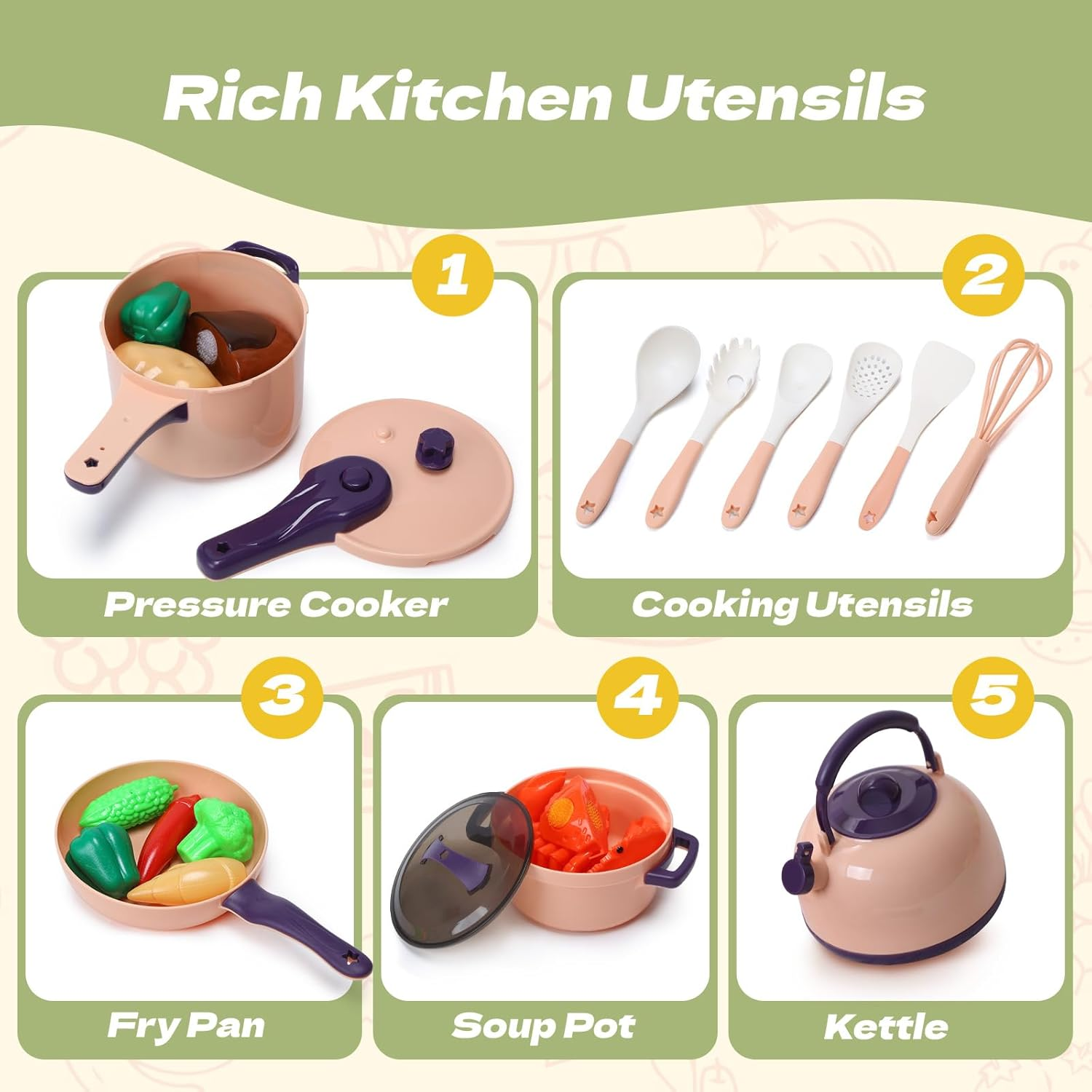 CUTE STONE 51-Piece Mini Play Kitchen Accessories for Kids, Pretend Cooking Playset with Pots, Pans, Utensils, Cutting Fun Fruits & Veggies, Learning Gift for Toddlers, Girls & Boys image number 2