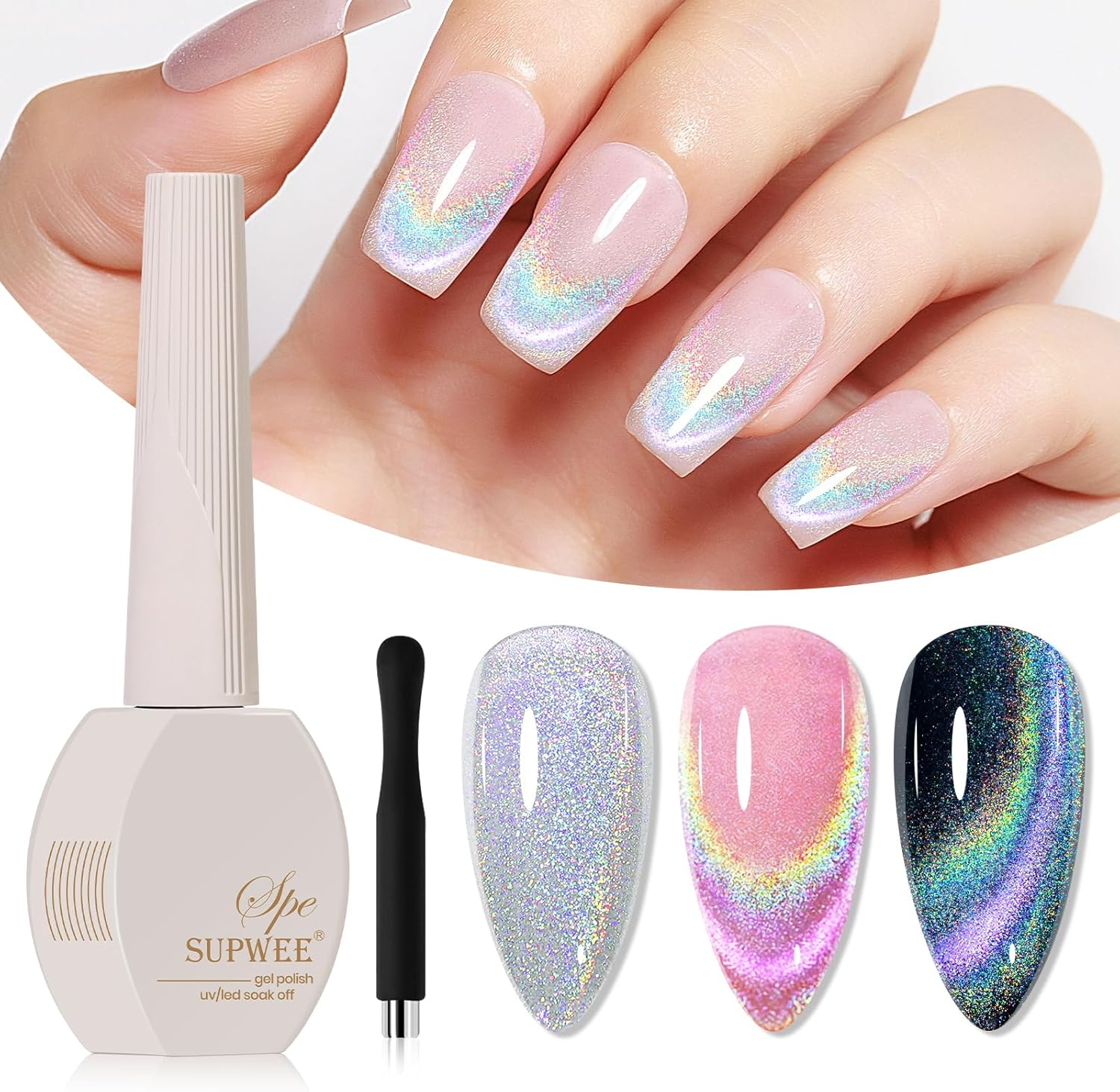SUPWEE Holographic Cat Eye Gel Nail Polish with Magnet Stick & Velvet Gel Polish, 15ML Large Capacity Magnetic Nail Art DIY Manicure Home for Starter image number 5