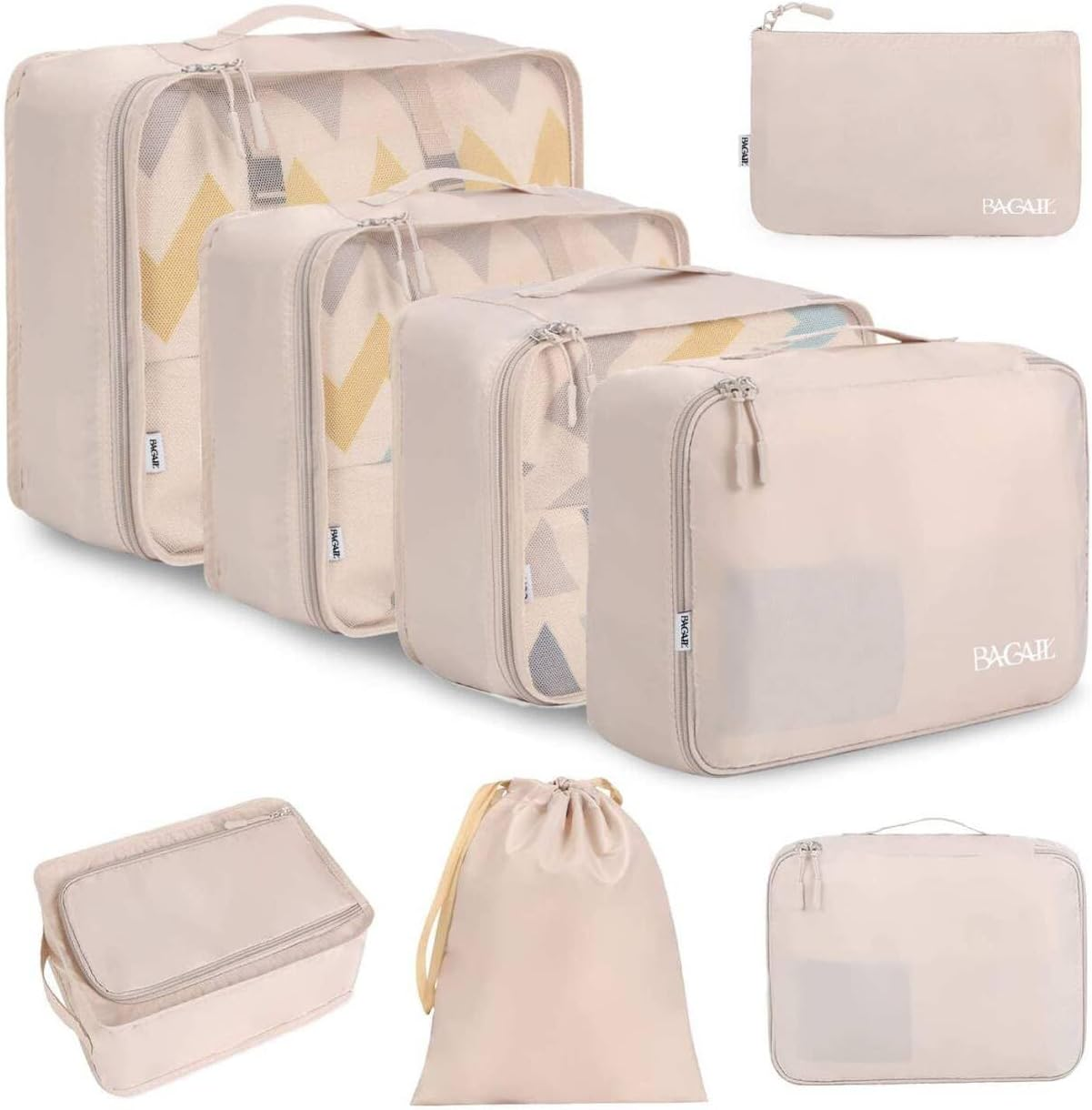BAGAIL 8 Set Packing Cubes, Lightweight Travel Luggage Organizers with Shoe Bag, Toiletry Bag & Laundry Bag (Beige)