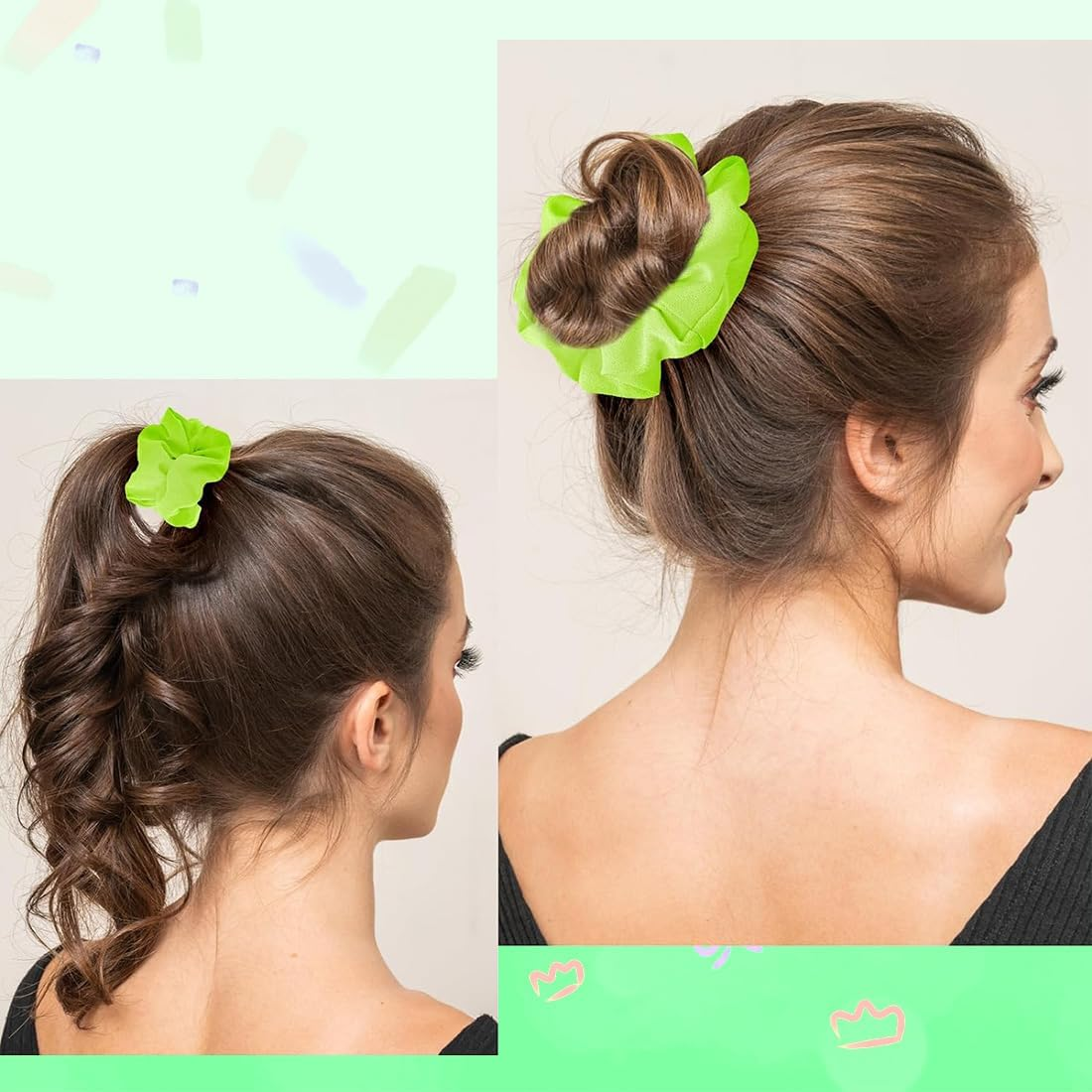 KSJEHW Pack of 2 Neon Hair Bobbles Scrunchie Large Women'S Hair Bobbles Elastic Hair Bands Ponytail Holder for Women and Girls Cheerleading Party Outfits Green