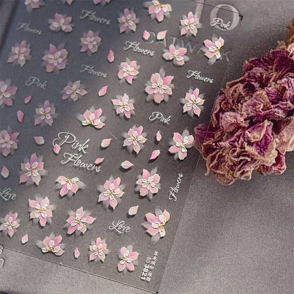 2 Sheets Pink Sakura Flower Nail Stickers Self-Adhesive 5D Embossed Cherry Flower Nail Design Nail Stickers Spring Summer Floral Nail Stickers Relief Petal Nail Sticker Nail Accessories Nail Art image number 5