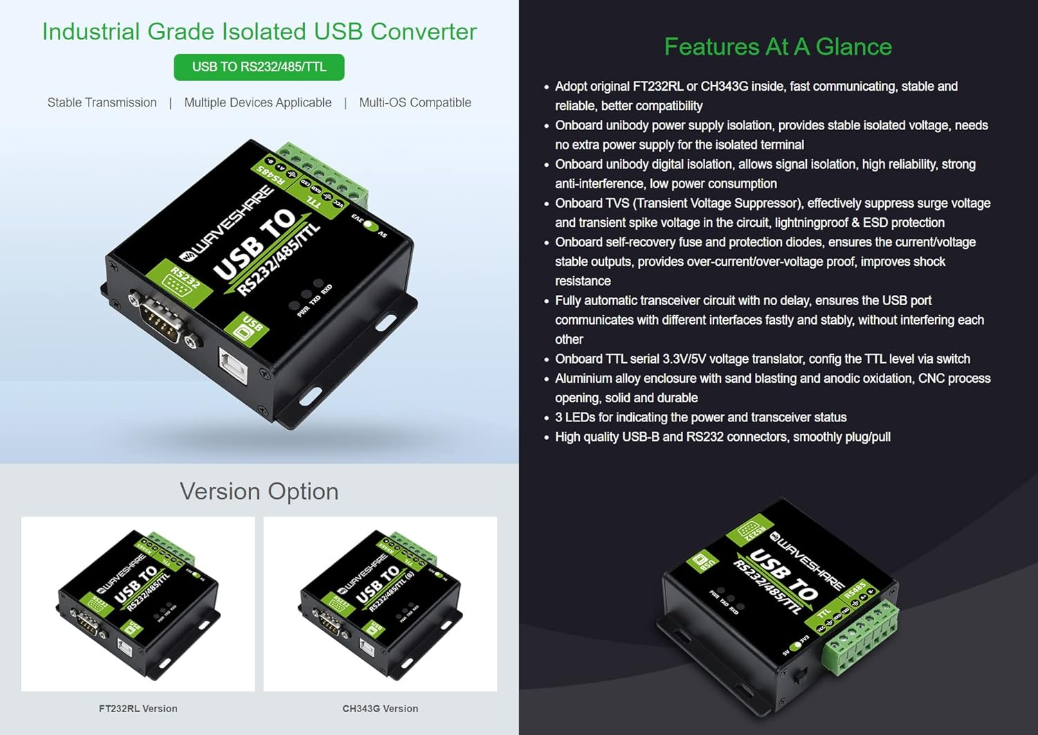 Waveshare USB to RS232 / RS485 / TTL Industrial Isolated Converter with Original FT232RL Embedded Protection Circuits and Aluminium Alloy Enclosure for Industrial Control Equipments image number 5