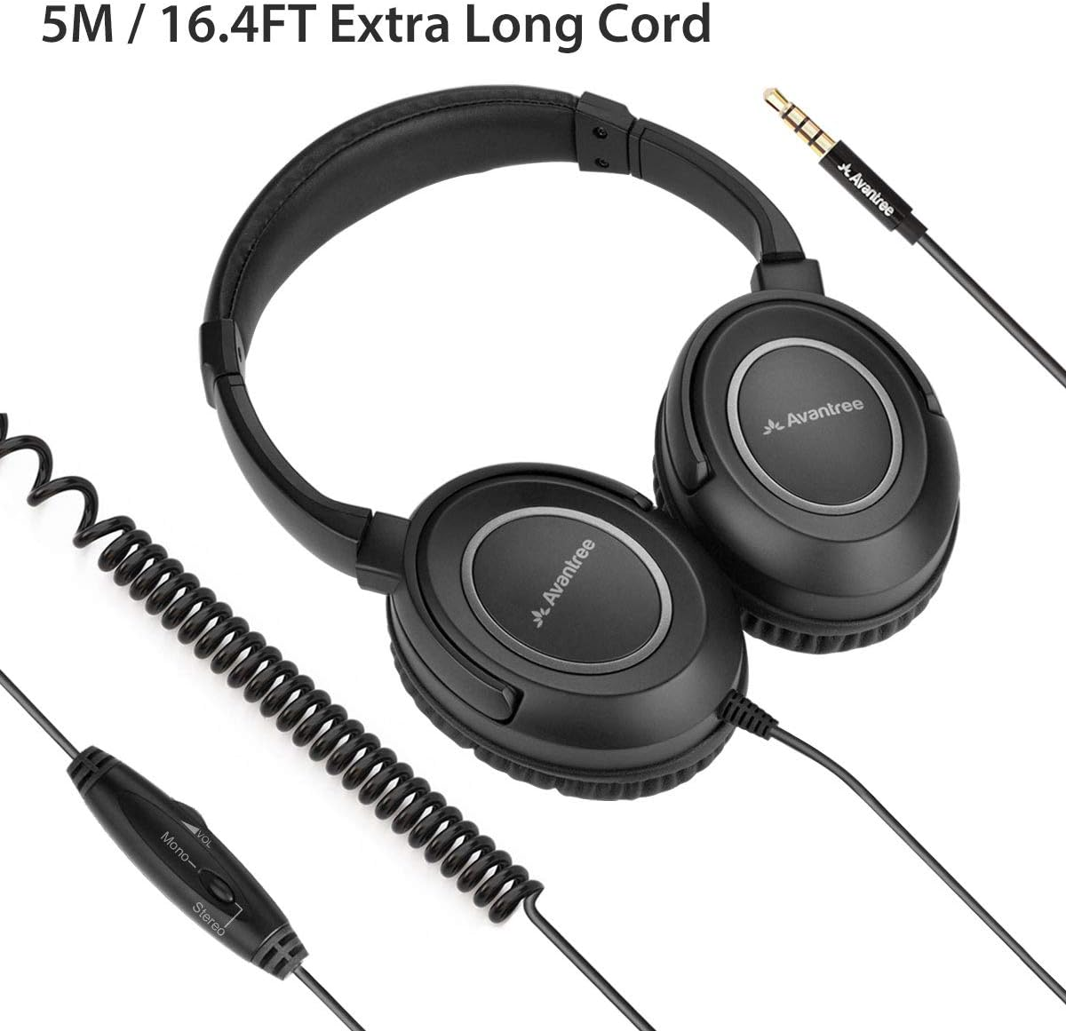 Avantree HF039 Long Coiled Cord Headphones for TV and PC with Volume Control, 16.4 Feet / 5M Extended Range Cable, 3.5Mm AUX Audio, Stereo Sound Spiral Wired over Ear Headphones image number 3