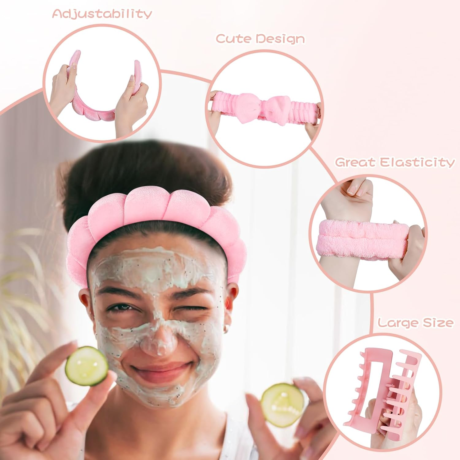 Leezmark 5 Pcs Spa Headband and Wristband Set, Skincare Headbands for Women, Bubble Spa Headband for Washing Face, Terry Cloth Headbands for Girls, Soft Velvet Makeup Headband Hair Accessories, Pink - Blue image number 5