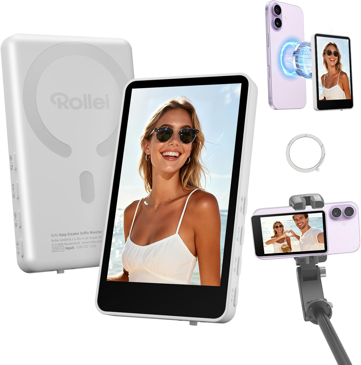 Rollei Easy Creator Selfie Monitor Mobile Phone Rear Camera Magnetic Vlog Screen Compatible with Smartphone Iphone and Android for Tiktok Live Stream Youtube White Selfie Monitor Mobile Phone Iphone