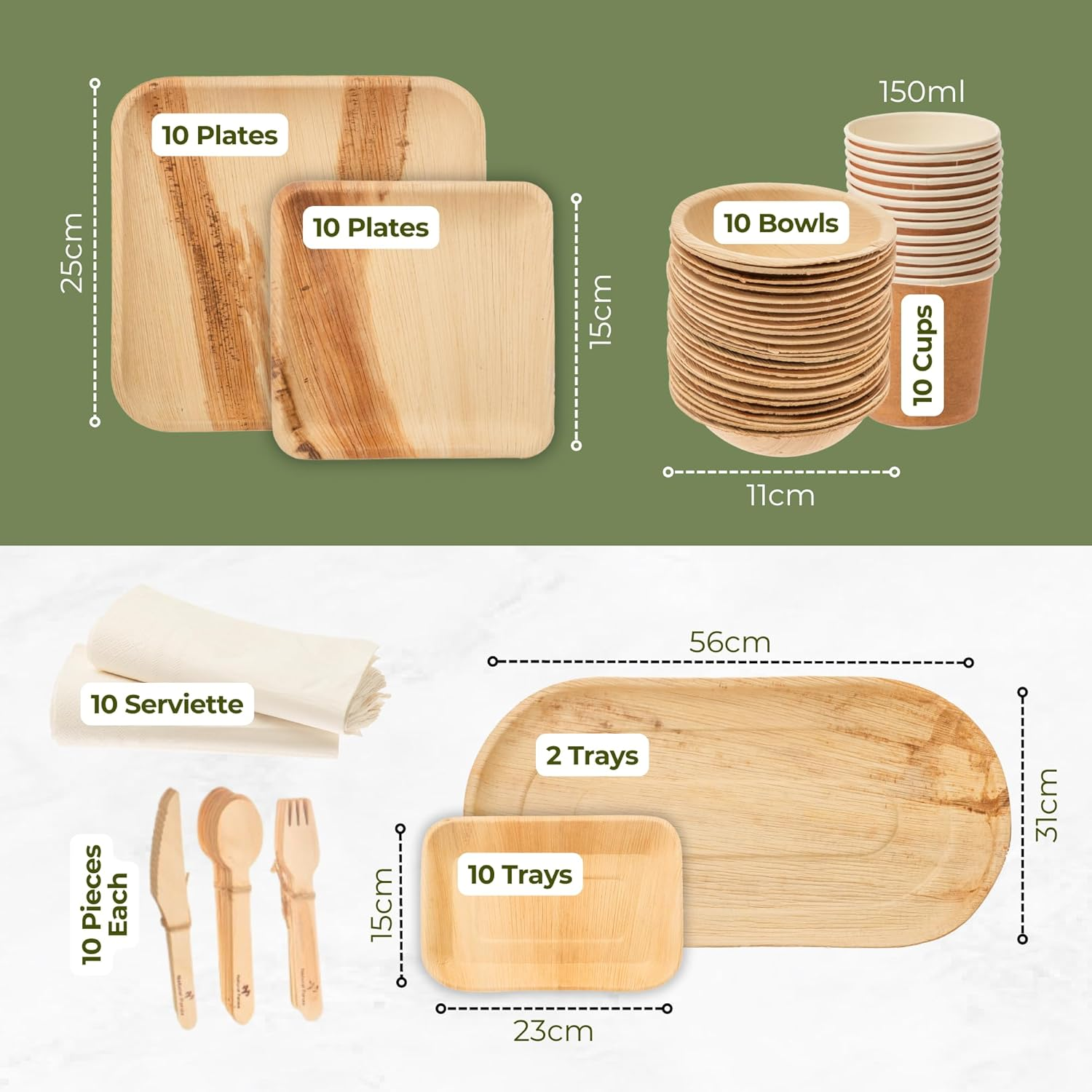 92-Piece Biodegradable Party Set for 10 Guest - Mother Nature'S Choice for Bamboo Plates and Cups | 100% Compostable Disposable Plates & Cutlery image number 1
