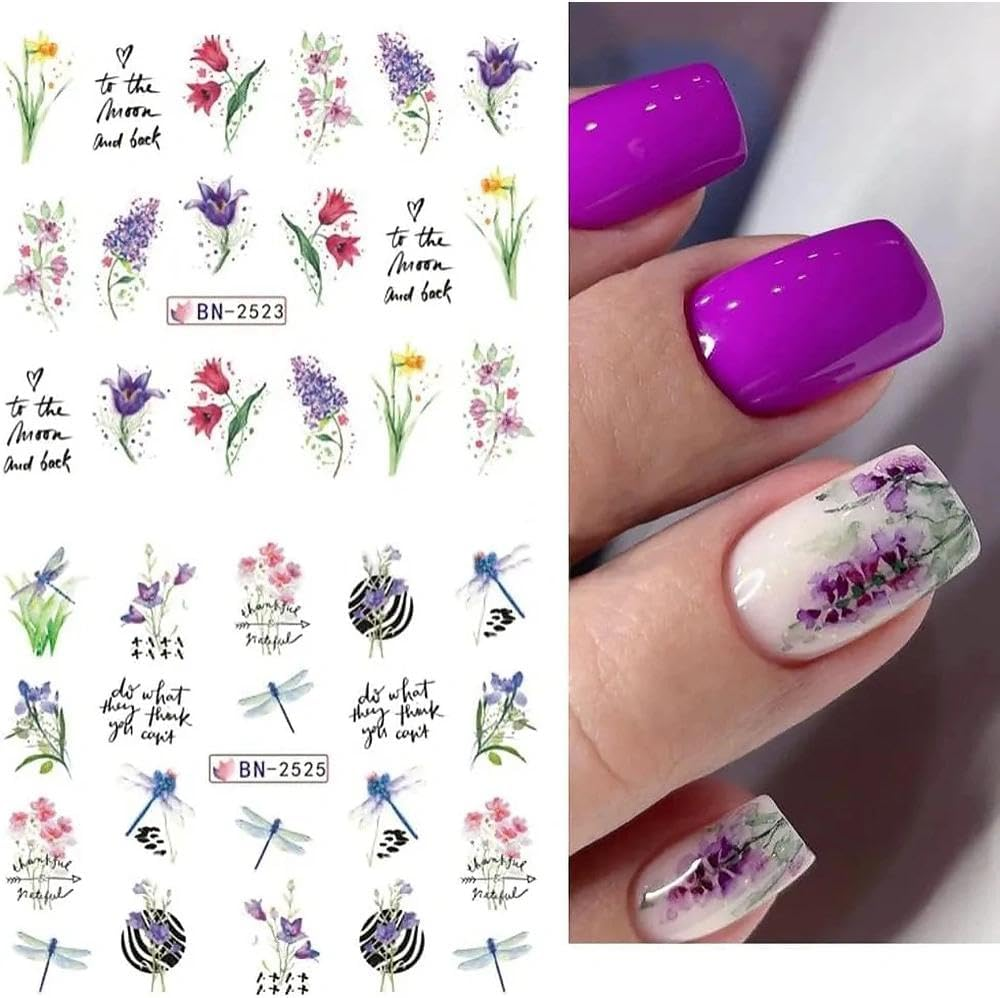 Water Transfer Nail Decals for Nail Art, Floral Flower and Butterfly Stickers for DIY Manicure - 12 Sheets with Vibrant Spring Designs - Ermaoo image number 2