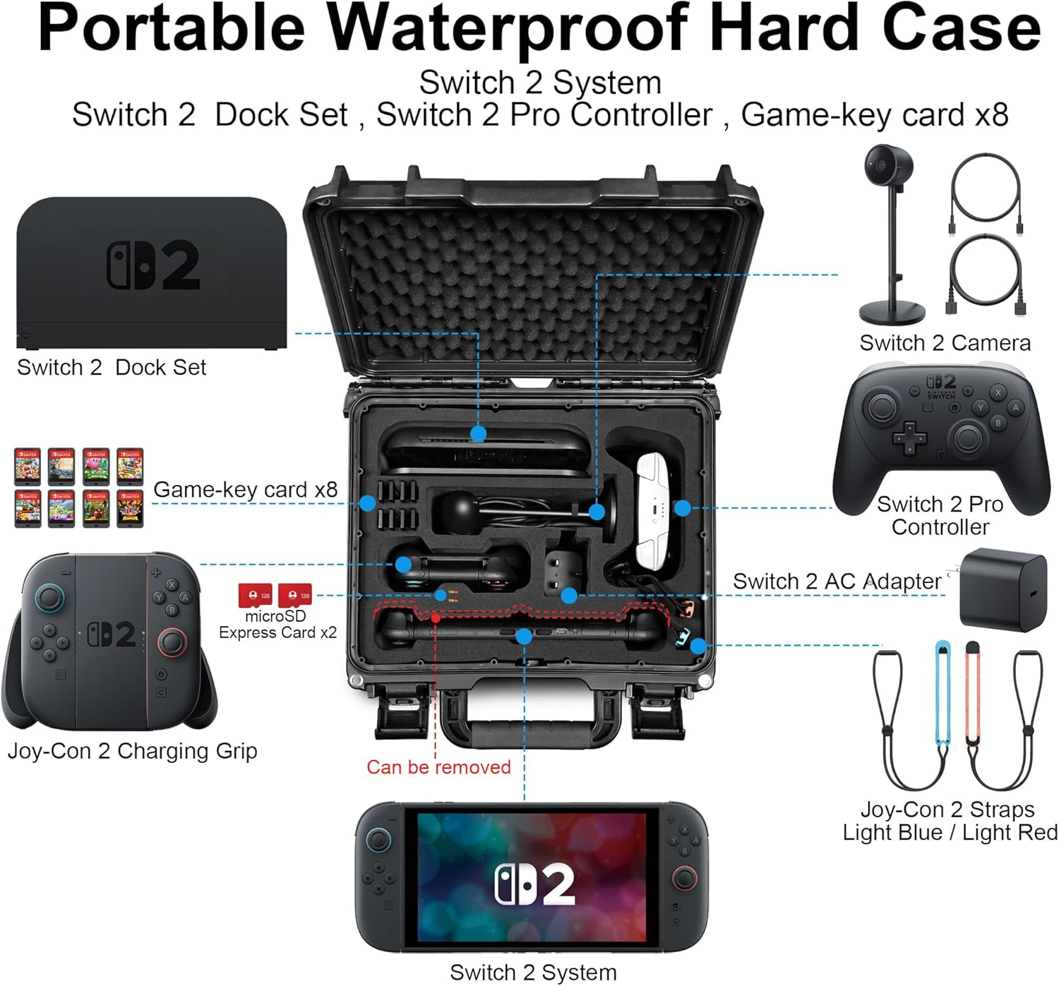 Lekufee Waterproof Hard Carrying Case Compatible with Nintendo Switch 2, Dock, Switch 2 Pro Controller, Switch 2 Camera, Game Cartridges(8 Pcs), and More Accessories(Bag & Case ONLY) image number 5